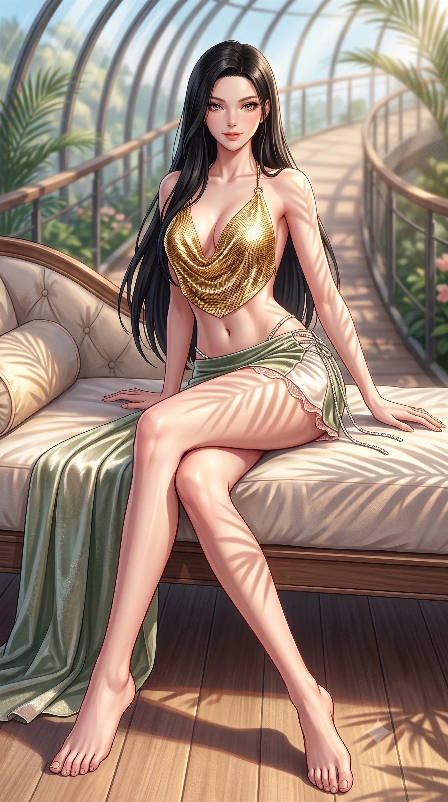 score_9, masterpiece, best quality, ultra-detailed, high-budget anime keyframe, semi-realistic 3D game render, editorial fashion photography, tasteful artistic composition, Korean woman. low angle full-body shot from head to toe showing her feet, filling the entire 9:16 vertical frame with her statuesque presence, stretching her vertical silhouette. lounging on the lavish daybed with legs crossed and hips angled toward the camera, displaying her toned midriff and long slender limbs with effortless siren poise while twisting her slender torso in an alluring contrapposto stance, morning sunlight streaming through curved glass panes onto her flat midriff and hips. The background shows a soft-focus aerial catwalk railings softened in romantic botanical garden shallow focus. She has an absolutely perfect, statuesque 8.5-heads proportion, an exceptionally tall and slender model-like female figure with impossibly long slender legs, an ultra-slim waist, a flat toned midriff, narrow delicate ribcage, and beautifully sculpted feminine hips creating a graceful, slim hourglass silhouette without any bulky heaviness. sharp v-shaped jawline, high-bridge nose, sparkling eyes with hypnotic seductive depth, thick curled eyelashes, glossy parted lips with a natural dewy peach sheen, alluring bedroom-eyes with an enchanting coquettish smile, exuding magnetic siren charisma and sophisticated glamour, flawlessly proportioned anatomical accuracy, strict slender model proportions, natural body alignment, perfectly sculpted long slender limbs, ultra-slim waistline, clean dynamic posture without body distortion. wearing a plunging cowl-neck liquid gold chainmail halter top paired with an ultra-low-rise velvet mini skirt and side rhinestone ties in botanical sage green and pure pearlescent ivory with rose trims, made of semi-opaque stretch illusion mesh with soft shadowy contours, featuring fine criss-cross lace-up side ties revealing tantalizing glimpses of her hip curve, the second-skin tailored fabric adhering flawlessly to her sculpted flat midriff and slender torso, emphasizing her long leg lines and perfectly proportioned willowy build. illuminated by palm frond dappled shadows and sharp warm-gold rim lights sculpting her razor-sharp jawline, narrow waist, and curvy hips. highly saturated vibrant anime colors, detailed shading with soft gradients, rich glossy textures, high-contrast stereoscopic depth, volumetric dynamic lighting, master piece, 9:16 ratio