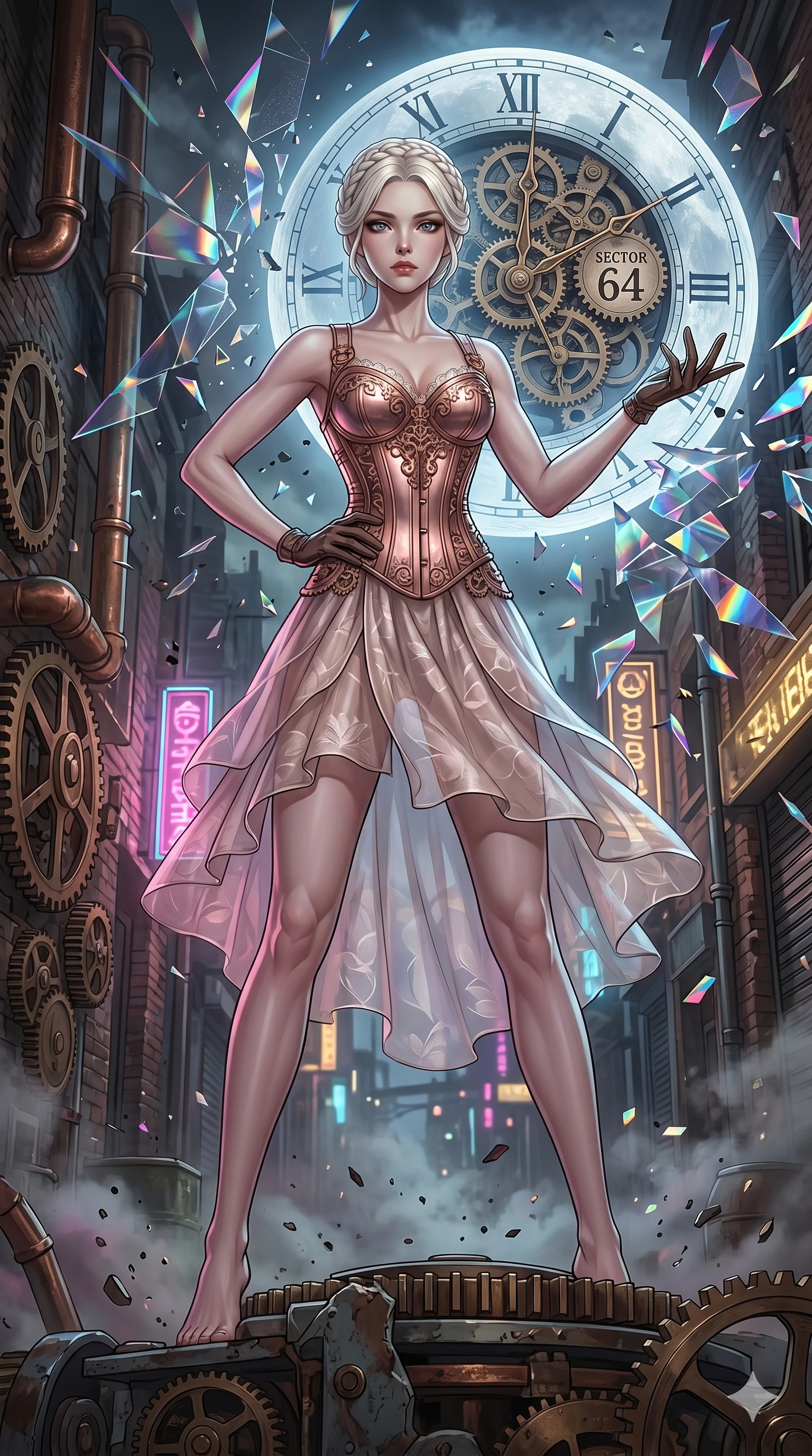 score_9, masterpiece, best quality, ultra-detailed, Set A: High-budget Anime Keyframe, Korean woman. Low angle cowboy shot filling the entire 9:16 frame with her statuesque presence. Theme: Urban Decay. shattering the fabric of reality in a steampunk London alleyway, with a massive clockwork moon ticking behind her as sector 64. The atmosphere is filled with heavy smog with neon flares. She has an absolutely perfect 8-heads proportion, an exceptionally tall and slender female figure with impossibly long slender legs and an ultra-slim waist. Sharp v-shaped jawline, high-bridge nose, intricate jewel-like eyes with depth, glossy lips. Wearing Rose-gold metallic corset over a sheer petal-patterned silk dress. Cinematic lighting, vivid colors, dramatic shadows, 2k, ultra detail, master piece, 9:16 ratio