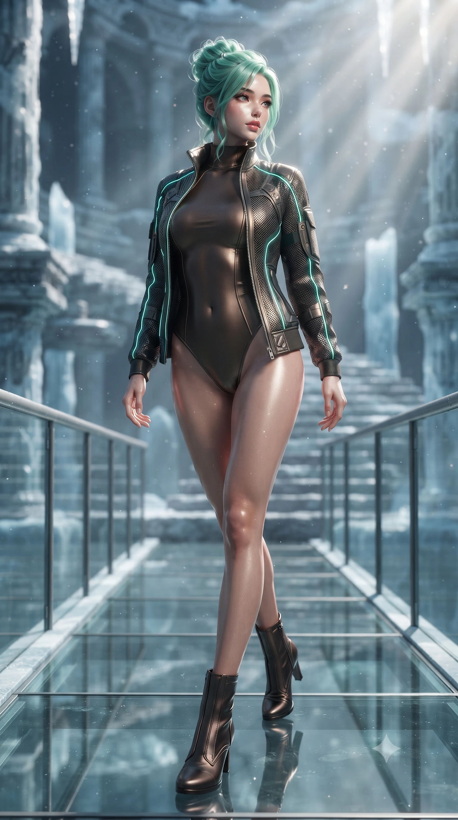 score_9, masterpiece, best quality, ultra-detailed, high-budget anime keyframe, editorial fashion photography, tasteful artistic composition, Japanese woman. low angle full-body shot from head to toe showing her feet, filling the entire 9:16 vertical frame with her statuesque presence, stretching her vertical silhouette. walking slowly along a glass skybridge, looking back over her shoulder with an air of effortless grace, the background shows a soft-focus an ice ruins courtyard with levitating stone steps and ice columns. She has an absolutely perfect, statuesque 8.5-heads proportion, an exceptionally tall and slender model-like female figure with impossibly long slender legs and an ultra-slim waist. sharp v-shaped jawline, high-bridge nose, intricate jewel-like eyes with depth, thick eyelashes, glossy lips with a natural sheen. wearing a slim-fit form-fitting high-neck bodysuit in dark bronze, worn under a tailored open carbon-mesh tactical jacket. dappled sunlight filtering through cosmic dust clouds, creating light rays. ultra-reflective glossy finish, specular highlights, metallic sheen, high-contrast stereoscopic depth, volumetric dynamic lighting, 2k, ultra detail, master piece, 9:16 ratio
