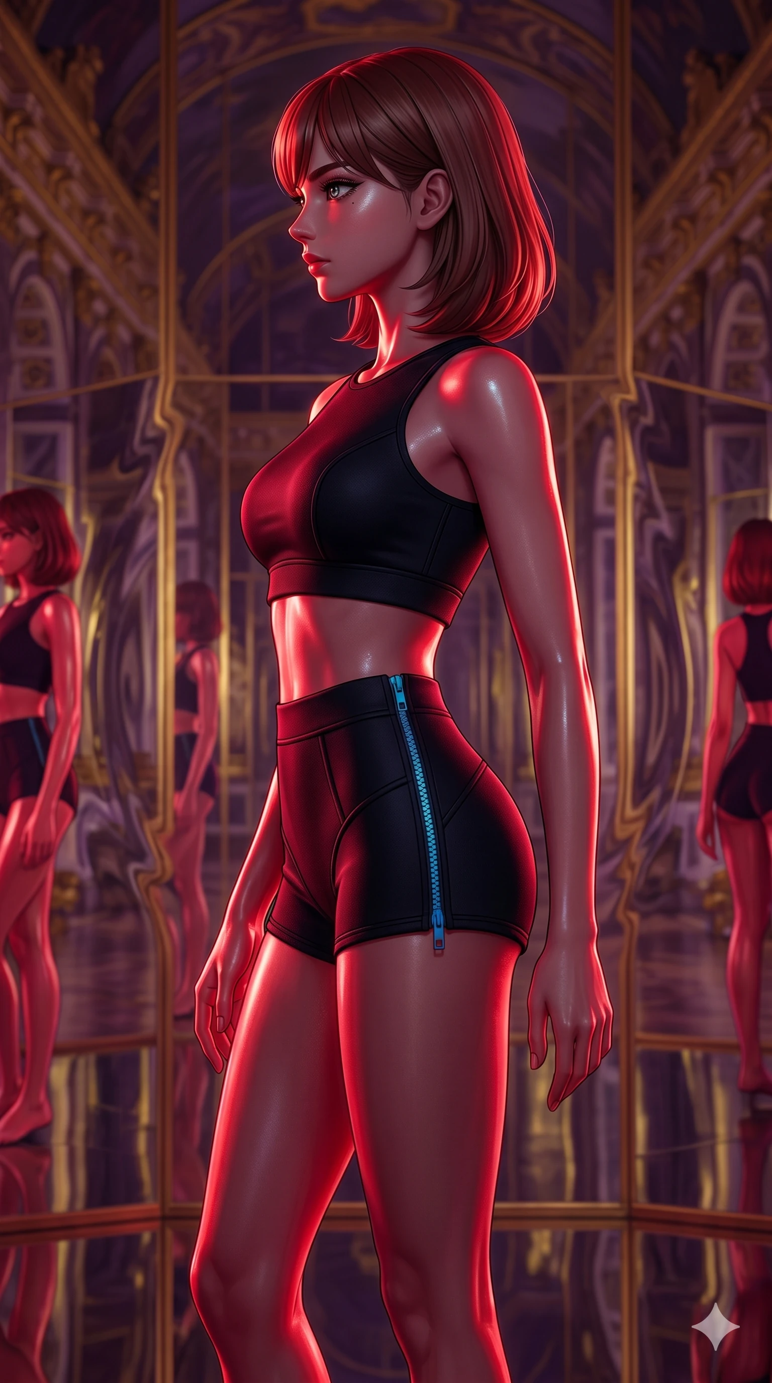 score_9, masterpiece, best quality, ultra-detailed, high-budget anime keyframe, editorial fashion photography, tasteful artistic composition, Caucasian woman, strictly human ears. cowboy shot from the thighs up, character and outfit filling the frame for maximum editorial presence. Turning her face in a sharp, dramatic profile against the light, highlighting her v-shaped jawline within a dreamlike palace of mirrors where reflections are tinted in gold and violet, as gravity waves create subtle ripples in the atmospheric background. She has an absolutely perfect 8-heads proportion, an exceptionally tall and slender female figure with impossibly long slender legs and an ultra-slim waist. V-shaped jawline, high-bridge nose, intricate jewel-like eyes with depth, thick eyelashes, glossy lips with a natural sheen. wearing a structured neoprene crop top paired with matching high-waist shorts with neon blue zippers. drenched in deep crimson theatrical lighting with sharp specular highlights on every curve. 2k, ultra detail, master piece, 9:16 ratio