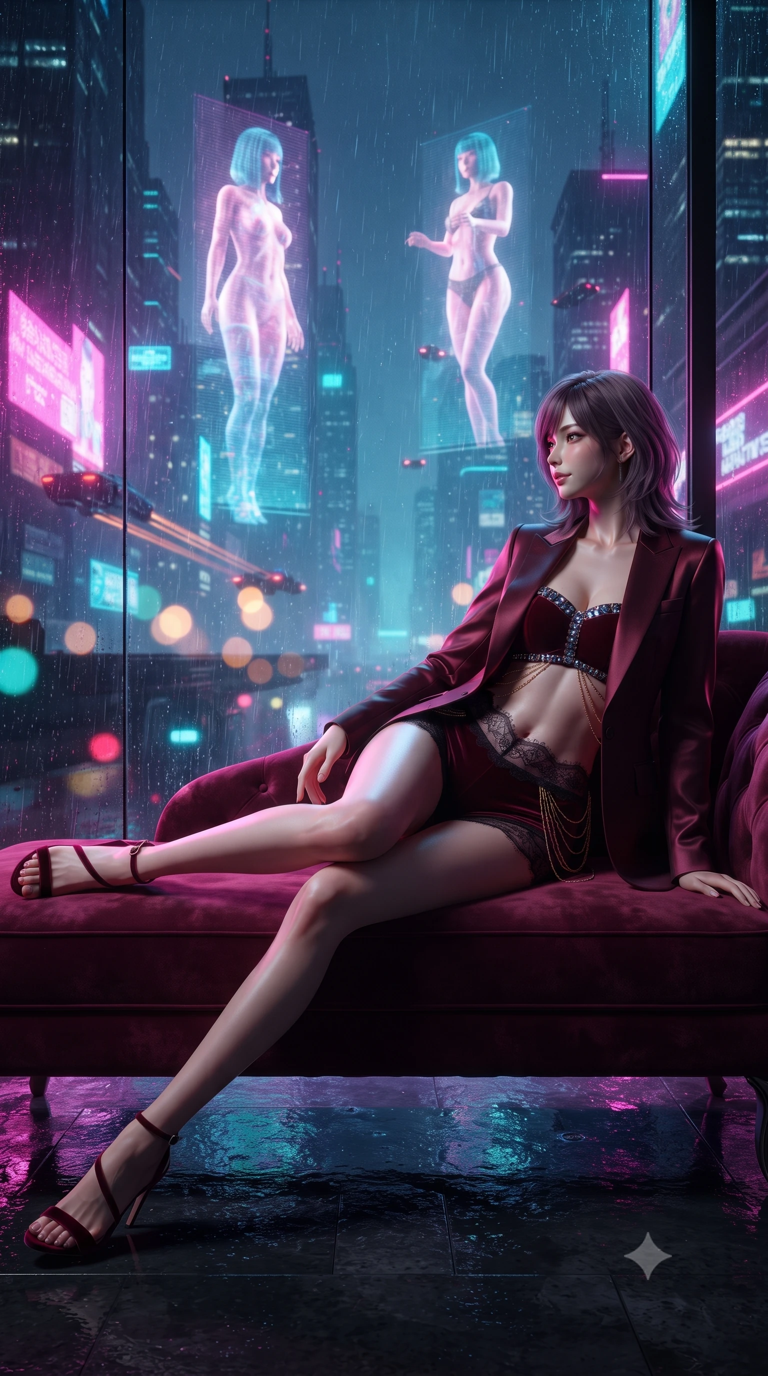 score_9, masterpiece, best quality, ultra-detailed, high-budget anime keyframe, editorial fashion photography, tasteful artistic composition, Japanese woman. low angle full-body shot from head to toe showing her feet, filling the entire 9:16 vertical frame with her statuesque presence, stretching her vertical silhouette. reclining gracefully across the plush chaise lounge with one leg extended, her sculpted silhouette and flat midriff radiating magnetic nocturnal glamour while leaning against the wet glass parapet with hips cocked back, looking through heavy rain toward towering holographic advertisements. The background shows a soft-focus monumental holographic advertising figures floating in mid-air, rainy neon skyscrapers, and flying vehicle trails blurred into electric fuchsia, cyan, and amber bokeh. She has an absolutely perfect, statuesque 8.5-heads proportion, an exceptionally tall and slender model-like female figure with impossibly long slender legs, an ultra-slim waist, a flat toned midriff, narrow delicate ribcage, and beautifully sculpted feminine hips creating a graceful, slim hourglass silhouette without any bulky heaviness. sharp v-shaped jawline, high-bridge nose, sparkling eyes with hypnotic seductive depth, thick curled eyelashes, glossy parted lips with a natural dewy peach sheen, alluring bedroom-eyes with an enchanting coquettish smile, exuding magnetic siren charisma and sophisticated glamour, flawlessly proportioned anatomical accuracy, strict slender model proportions, natural body alignment, perfectly sculpted long slender limbs, ultra-slim waistline, clean dynamic posture without body distortion. wearing a tailored open-front satin smoking jacket worn over a jewel-embellished bandeau and micro-shorts in deep bordeaux velvet and delicate black chantilly, made of delicate semi-sheer French Chantilly lace with intricate eyelash edges, accented with an open-back drape framed by falling strands of delicate gold chains, the liquid-tight tailored fabric clinging flawlessly to her narrow waist and rounded feminine hips, emphasizing every millimeter of her sculpted slim hourglass curves without any bulky heaviness. illuminated by wet floor specular reflections and sharp magenta-cyan rim lights sculpting her razor-sharp jawline, narrow waist, and curvy hips. ultra-reflective glossy finish, specular highlights, rich textural contrasts, high-contrast stereoscopic depth, volumetric dynamic lighting, 2k, ultra detail, master piece, 9:16 ratio