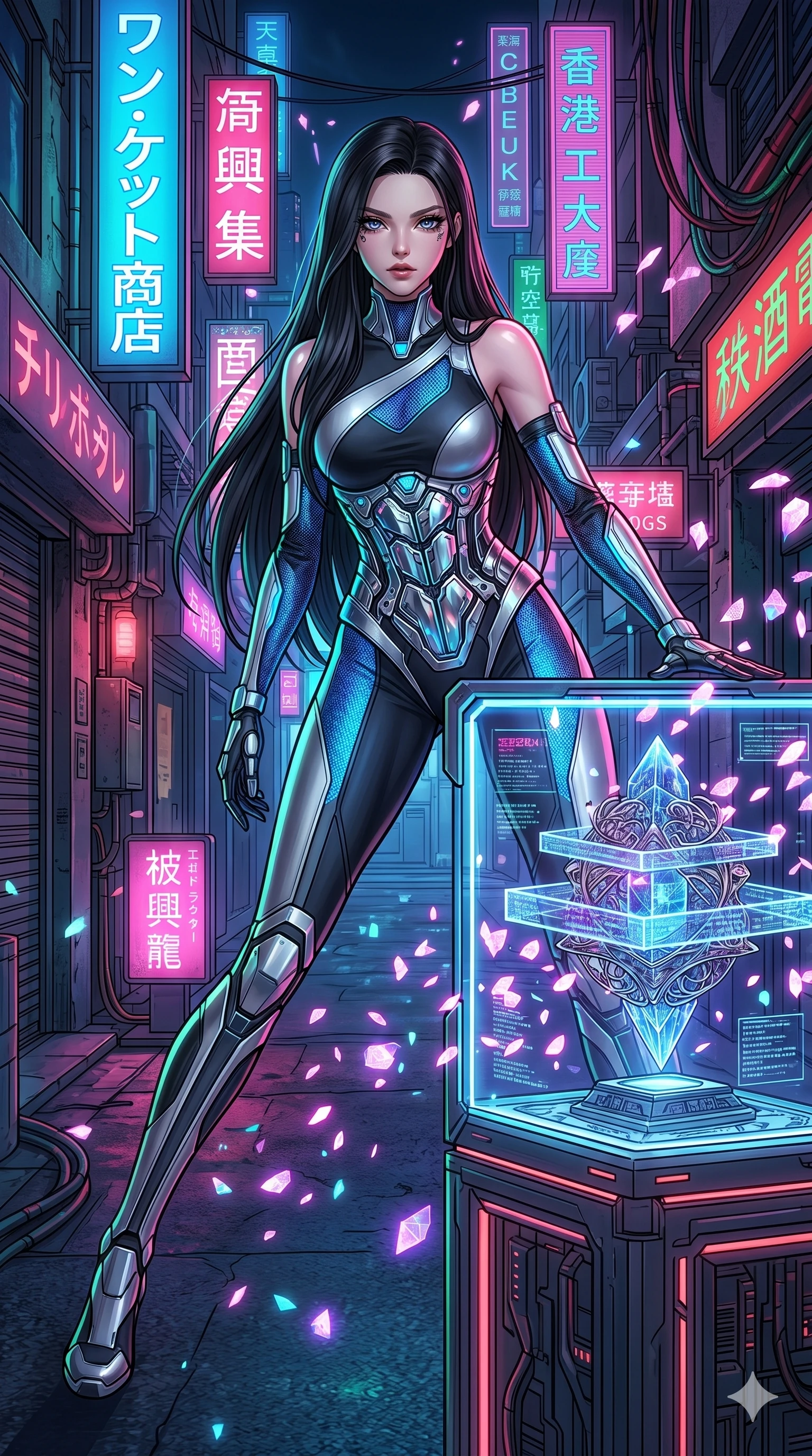 score_9, masterpiece, best quality, ultra-detailed, high-budget anime movie keyframe, cinematic anime lighting, intricate line art, Caucasian (strictly human ears) woman. Dynamic full-body shot stretching the vertical silhouette across the 9:16 frame. defending a sacred relic in a neon-lit cyberpunk alleyway with digital sakura petals. She has an absolutely perfect 8-heads proportion, an exceptionally tall and slender female figure with an ultra-slim waist and impossibly long slender legs. sharp v-shaped jawline, high-bridge nose, intricate jewel-like eyes, thick eyelashes, glossy lips. Wearing asymmetrical high-cut tech-bodysuit with detached glowing sleeves, chrome-plated mechanical corset, and bioluminescent mesh panels clinging to her slender figure. The scene is illuminated by dramatic atmospheric lighting and vibrant color palettes. , 2k, ultra detail, master piece, 9:16 ratio
