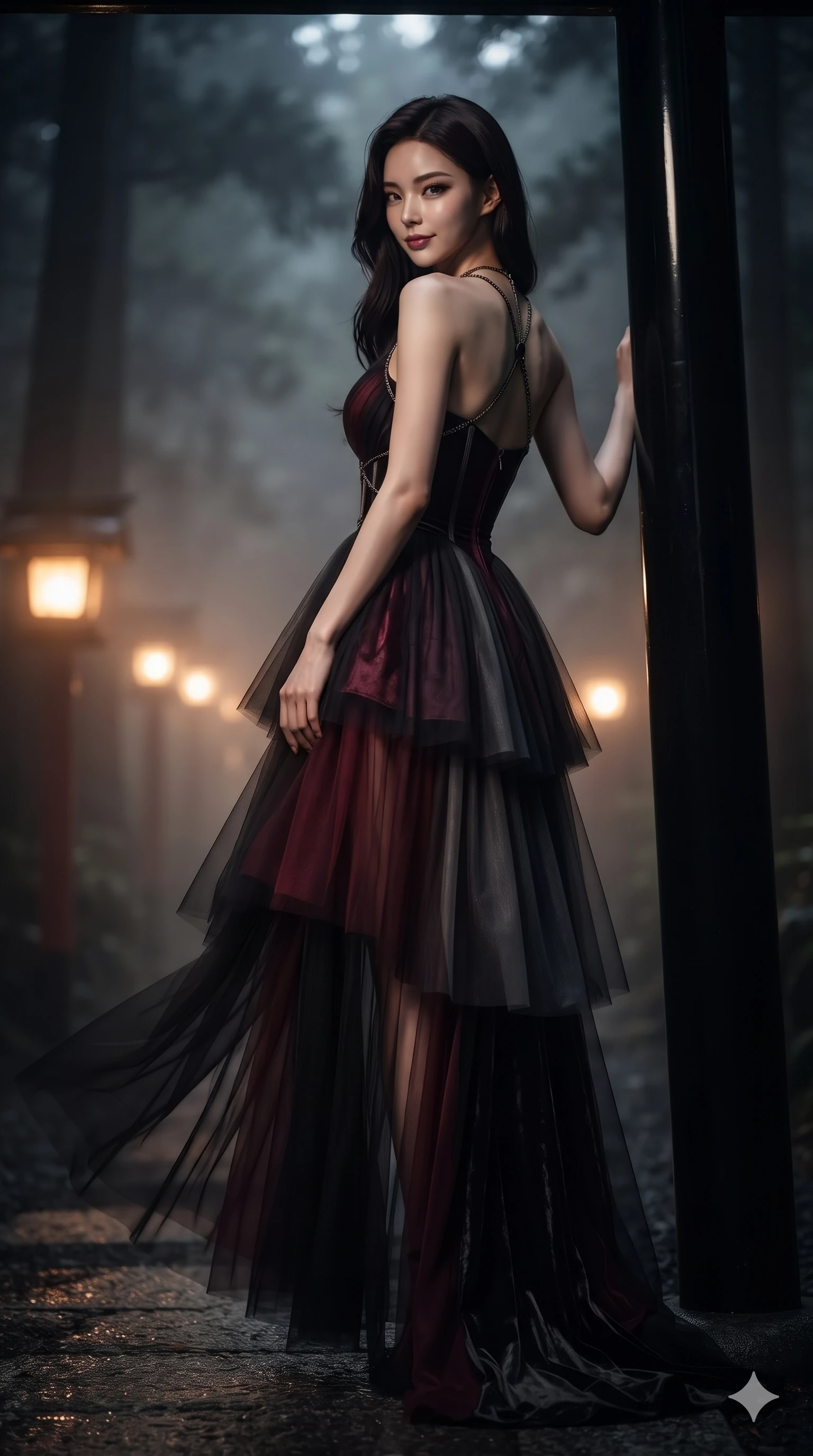 score_9, masterpiece, best quality, ultra-detailed, high-budget anime keyframe, editorial fashion photography, tasteful artistic composition, Korean woman. low angle full-body shot from head to toe showing her feet, filling the entire 9:16 vertical frame with her statuesque presence, stretching her vertical silhouette. executing a slow, elegant turn as her liquid gown flutters around her slender legs, glancing over her shoulder with an intoxicating bedroom-gaze while leaning against the polished black lacquer Torii column with hips cocked back, glancing back with an intoxicating, smoldering half-smile. The background shows a soft-focus sacred Shinto mountain path softened in atmospheric nocturnal shallow focus. She has an absolutely perfect, statuesque 8.5-heads proportion, an exceptionally tall and slender model-like female figure with impossibly long slender legs, an ultra-slim waist, a flat toned midriff, narrow delicate ribcage, and beautifully sculpted feminine hips creating a graceful, slim hourglass silhouette without any bulky heaviness. sharp v-shaped jawline, high-bridge nose, intricate jewel-like dark sparkling eyes with hypnotic seductive depth, thick curled eyelashes, glossy parted lips with a natural wine sheen, alluring bedroom-eyes with an enigmatic smoldering smile, exuding magnetic sovereign charisma and dark avant-garde glamour, flawlessly proportioned anatomical accuracy, strict slender model proportions, natural body alignment, perfectly sculpted long slender limbs, ultra-slim waistline, clean dynamic posture without body distortion. wearing a tiered semi-sheer black tulle and silk slip dress with an ultra-slim corseted waist and bare shoulders in deep crimson burgundy and matte charcoal, tailored from crushed dark velvet with deep light-absorbing plush texture, accented with a dark metallic body chain harness subtly framing her dewy collarbones and spine, the form-fitting cut adhering flawlessly to her sculpted flat midriff and slender torso, emphasizing her long leg lines and perfectly proportioned willowy build. bathed in warm dramatic lantern rays cutting through thick midnight mist contrasted with pitch-black forest shadows. ultra-reflective glossy finish, specular highlights, metallic sheen, high-contrast stereoscopic depth, volumetric dynamic lighting, 2k, ultra detail, master piece, 9:16 ratio