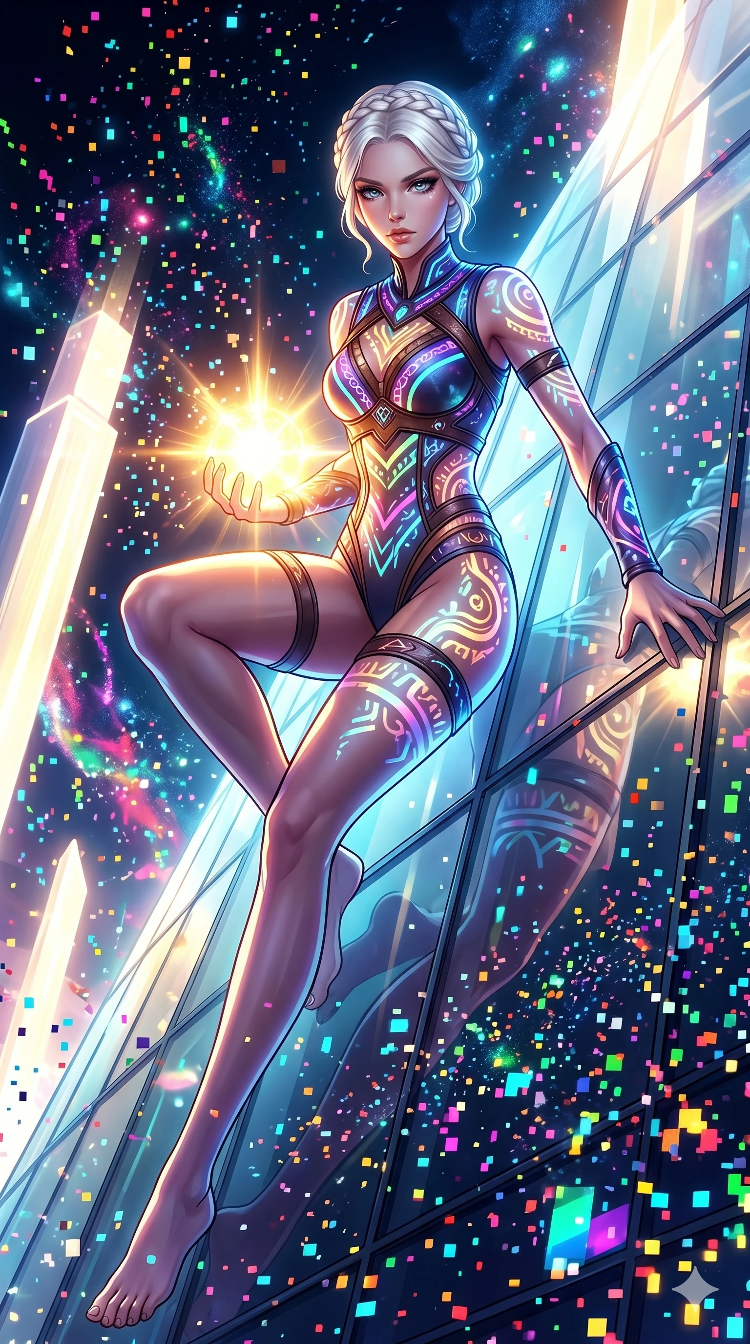 score_9, masterpiece, best quality, ultra-detailed, Set A: High-budget Anime Keyframe, Caucasian (human ears) woman. Low angle cowboy shot filling the entire 9:16 frame with her statuesque presence. Theme: Abstract Cosmic. sliding down a glass skyscraper in a temple made of solid light, holding a glowing core that hums with the power of 242 suns. The atmosphere is filled with a blizzard of digital pixels. She has an absolutely perfect 8-heads proportion, an exceptionally tall and slender female figure with impossibly long slender legs and an ultra-slim waist. Sharp v-shaped jawline, high-bridge nose, intricate jewel-like eyes with depth, glossy lips. Wearing Neon-lit tribal gear with glowing war-paint patterns on a leather leotard. Cinematic lighting, vivid colors, dramatic shadows, 2k, ultra detail, master piece, 9:16 ratio