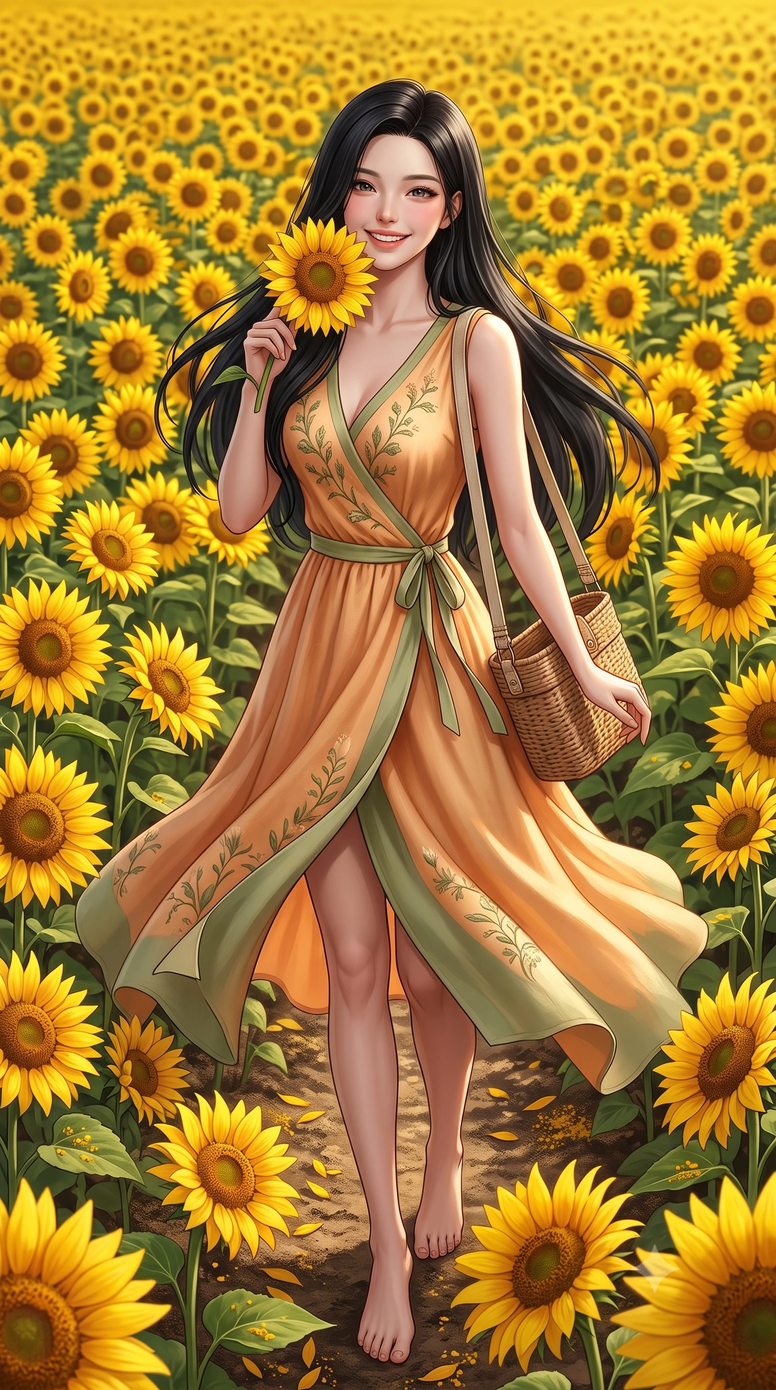 score_9, masterpiece, best quality, ultra-detailed, high-budget anime keyframe, semi-realistic 3D game render, editorial fashion photography, tasteful artistic composition, Korean woman. low angle full-body shot from head to toe showing her feet, filling the entire 9:16 vertical frame with her statuesque presence, stretching her vertical silhouette. performing a cheerful mid-motion turn with effortless poise, her skirt fluttering softly as she smiles into the camera while standing immersed in a vast sea of vibrant yellow sunflowers, holding one bloom close to her cheek with a dazzling smile. The surrounding environment is rendered in vivid detail and crisp panoramic clarity. intricate sunflower petals, golden pollen details, and textured soil pathways rendered in deep focus. She has an absolutely perfect, statuesque 8.5-heads proportion, an exceptionally tall and slender model-like female figure with impossibly long slender legs, a toned flat midriff, and an ultra-slim waist. sharp v-shaped jawline, high-bridge nose, intricate jewel-like eyes with depth, thick eyelashes, glossy lips with a natural sheen, pure and lovely fresh girlhood expression, flawlessly proportioned anatomical accuracy, strict slender model proportions, natural body alignment, perfectly sculpted long slender limbs, ultra-slim waistline, clean dynamic posture without body distortion. wearing a romantic wrap-style linen sundress with subtle botanical embroidery and a dainty waist tie in warm apricot and sage green, crafted from smooth fluid silk satin with a natural gentle sheen, accessorized with a rustic woven wicker bag and canvas strap, the breezy lightweight fabric fluttering softly against her delicate collarbones, narrow waist, and feminine curves. surrounded by a heartwarming, radiant, and delightfully sunny countryside princess aura. highly saturated vibrant anime colors, detailed shading with soft gradients, rich glossy textures, high-contrast stereoscopic depth, volumetric dynamic lighting, master piece, 9:16 ratio
