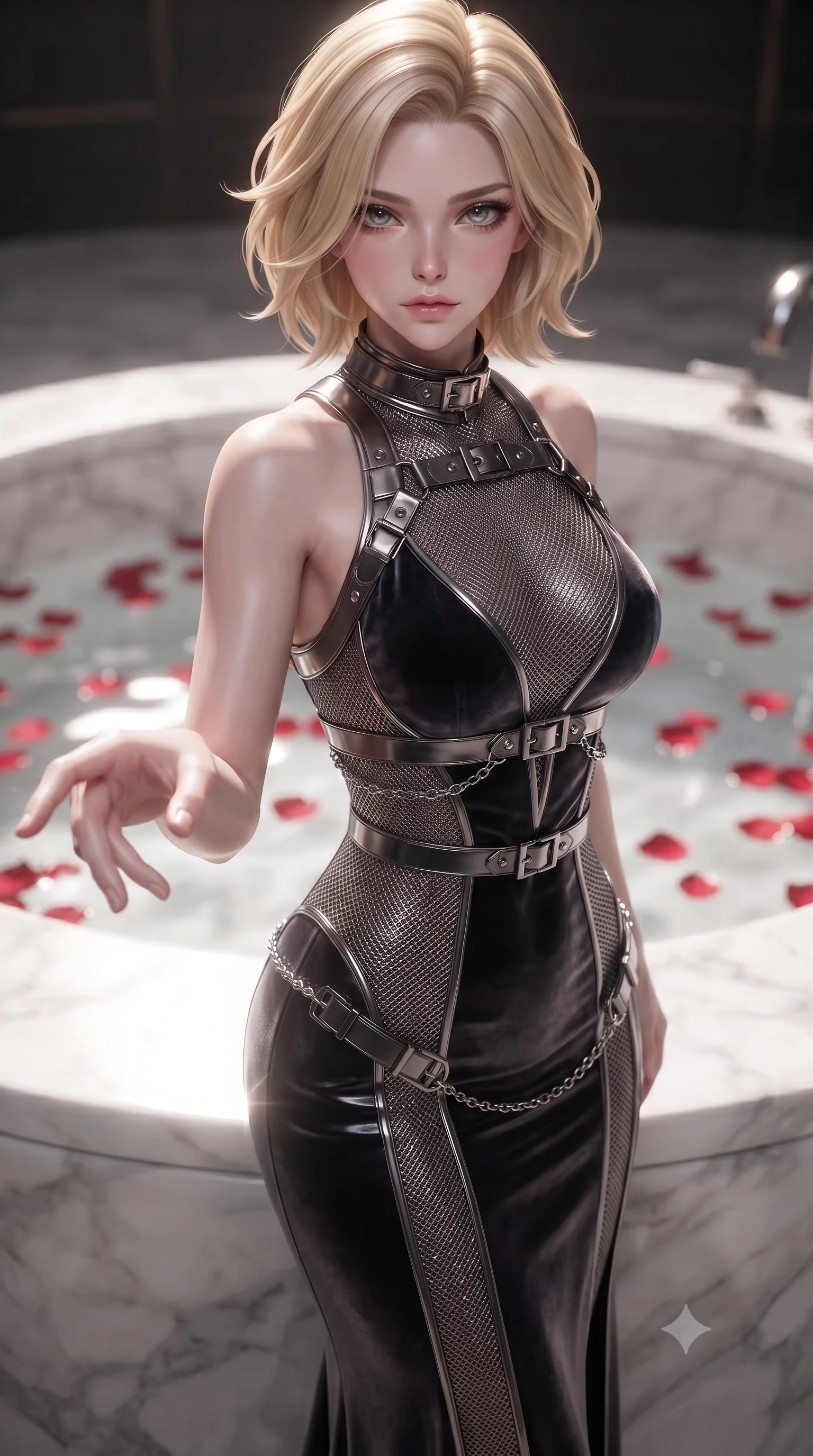 score_9, masterpiece, best quality, ultra-detailed, high-budget anime keyframe, editorial fashion photography, tasteful artistic composition, Caucasian woman. close-up cowboy shot from the waist and thighs up, the character dominates the composition, filling the frame with her large presence, background elements kept in soft focus. Reaching one hand toward the viewer with relaxed sensual elegance, standing beside a sunken white marble spa basin filled with floating red rose petals, fluid movement of her body contoured by a form-fitting liquid silk gown. She has an exceptionally elegant, slender, and willowy female figure with an ultra-slim waist, a gracefully sculpted slender torso, and a refined silhouette. sharp v-shaped jawline, high-bridge nose, intricate jewel-like eyes with depth, thick eyelashes, glossy lips with a natural sheen. wearing sculpted form-fitting dark velvet column gown in pitch black in metallic dark silver, made of fine dark contouring mesh, framed by dark titanium buckles and silver chain details, contouring every curve with an exceptionally elegant silhouette. surrounded by a glowing luxury spa aura with sharp specular glints. ultra-reflective glossy finish, specular highlights, metallic sheen, high-contrast stereoscopic depth, volumetric dynamic lighting, 2k, ultra detail, master piece, 9:16 ratio