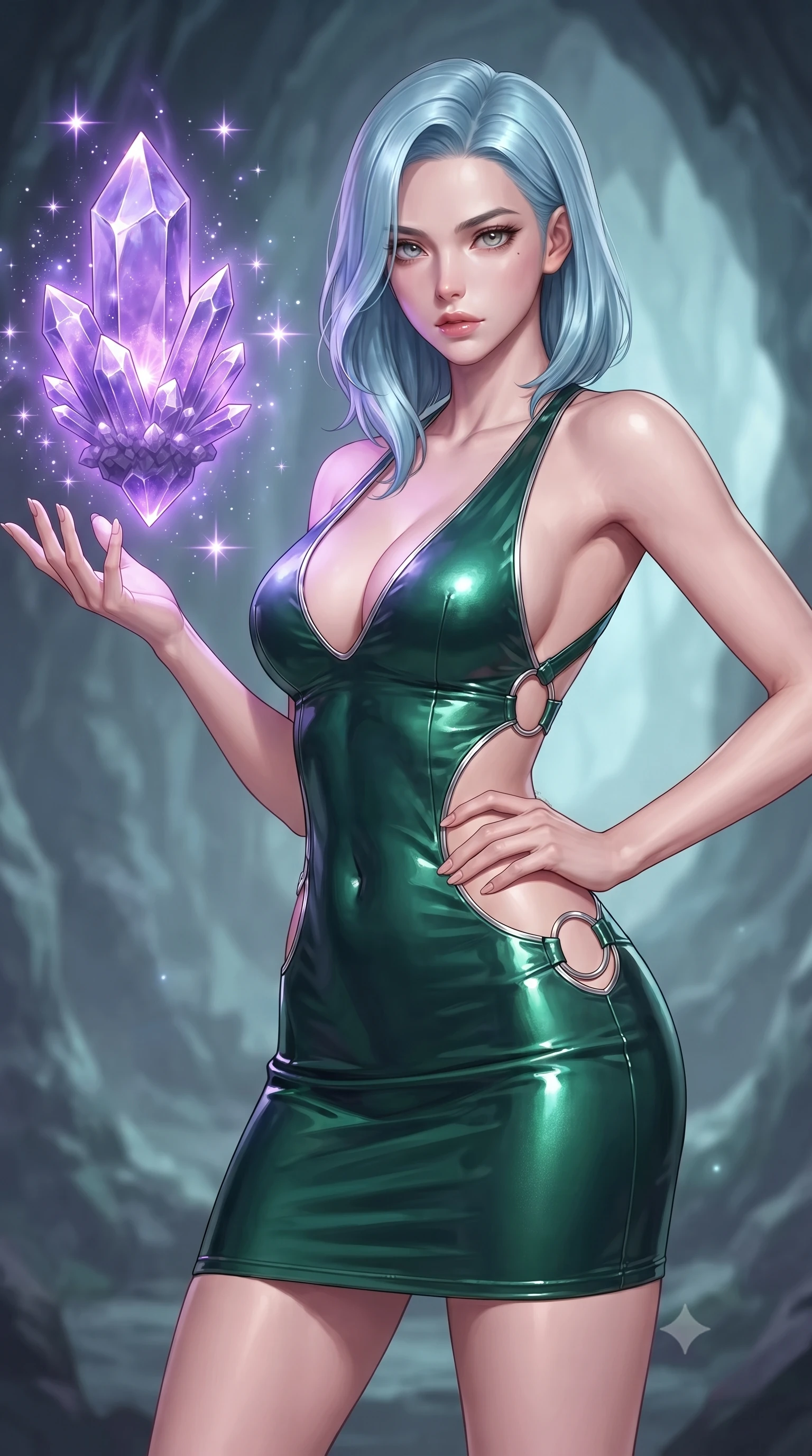score_9, masterpiece, best quality, ultra-detailed, high-budget anime keyframe, editorial fashion photography, tasteful artistic composition, Korean woman. close-up cowboy shot from the waist and thighs up, the character dominates the composition, filling the frame with her large presence, background elements kept in soft focus. Holding a confident power pose with one hand on her hip, gazing directly into the camera with quiet intensity touching a giant floating violet crystal cluster emitting pulsing energy, glowing mineral dust shimmering like stars in the quiet cavern air. She has an exceptionally elegant, slender, and willowy female figure with an ultra-slim waist, a gracefully sculpted slender torso, and a refined silhouette. sharp v-shaped jawline, high-bridge nose, intricate jewel-like eyes with depth, thick eyelashes, glossy lips with a natural sheen. wearing a deep-scoop halter bodycon dress with hip cutouts connected by silver rings in deep emerald green and silver accent, tailored from high-gloss patent leather, complemented by criss-cross back straps highlighting her bare shoulders, the tailored fabric tightly following every curve of her athletic build. surrounded by a cool jewel-toned luminescence with bright specular rim lights. ultra-reflective glossy finish, specular highlights, metallic sheen, high-contrast stereoscopic depth, volumetric dynamic lighting, 2k, ultra detail, master piece, 9:16 ratio