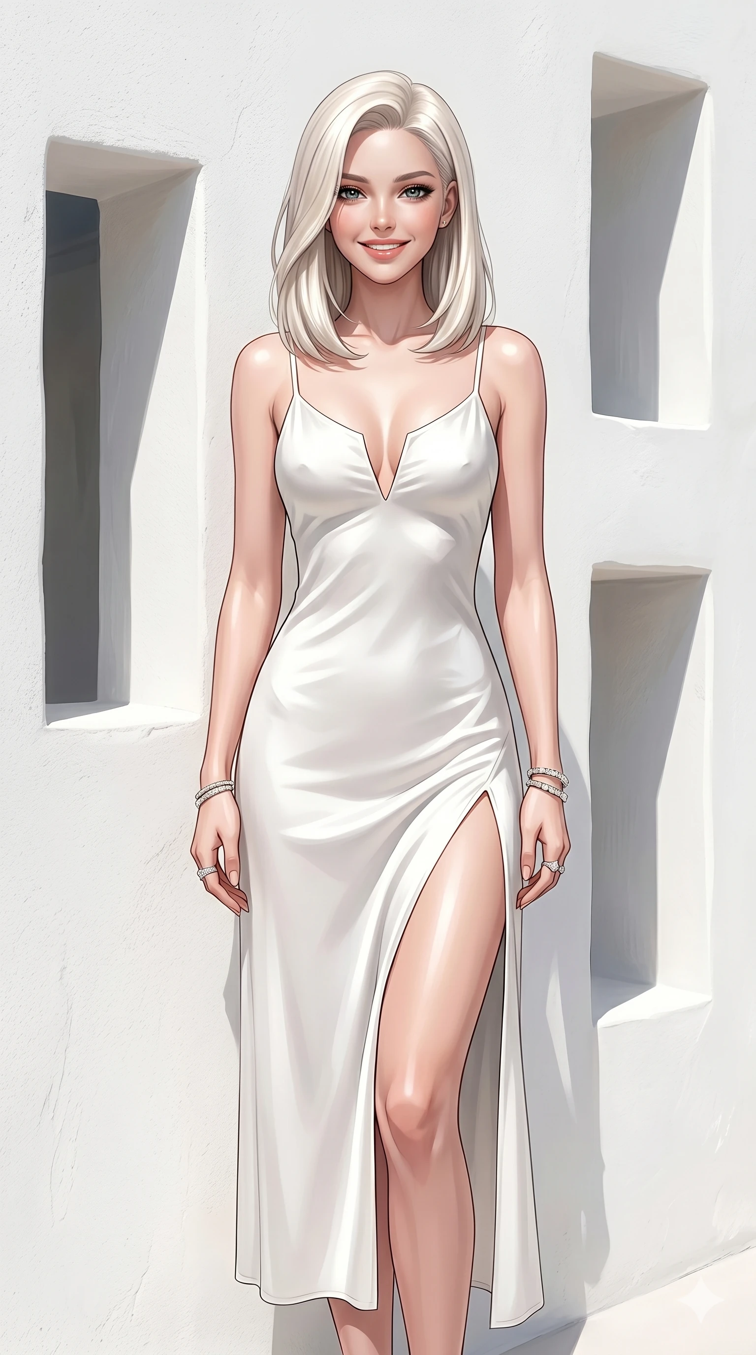 score_9, masterpiece, best quality, ultra-detailed, high-budget anime keyframe, editorial fashion photography, tasteful artistic composition, Caucasian woman, strictly human ears. cowboy shot from the thighs up, character and outfit filling the frame for maximum editorial presence. smiling happily with quiet, magnetic charm, looking directly into the camera standing by a white plastered wall with geometric cutouts in a sunlit resort. She has an absolutely perfect 8-heads proportion, an exceptionally tall and slender female figure with impossibly long slender legs and an ultra-slim waist. V-shaped jawline, high-bridge nose, intricate jewel-like eyes with depth, thick eyelashes, glossy lips with a natural sheen. wearing a pristine white silk slip dress with an elegant chest slit and high side slit. bathed in brilliant morning sunlight that makes her skin look luminous and glowing. 2k, ultra detail, master piece, 9:16 ratio