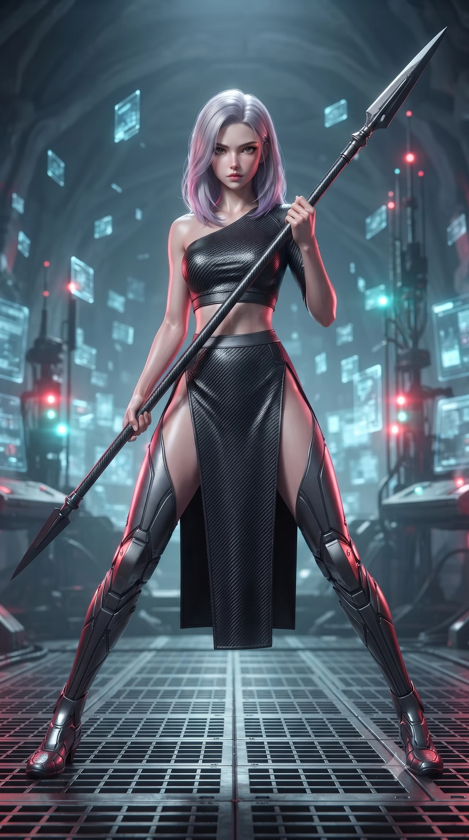 score_9, masterpiece, best quality, ultra-detailed, high-budget anime keyframe, editorial fashion photography, tasteful artistic composition, Caucasian woman. low angle full-body shot from head to toe showing her feet, filling the entire 9:16 vertical frame with her statuesque presence, stretching her vertical silhouette. standing in a dynamic combat stance with a carbon-fiber spear held diagonally, stretching her statuesque body, the background shows a soft-focus a communications bay filled with glowing data-shards and signal antennas. She has an absolutely perfect, statuesque 8.5-heads proportion, an exceptionally tall and slender model-like female figure with impossibly long slender legs and an ultra-slim waist. sharp v-shaped jawline, high-bridge nose, intricate jewel-like eyes with depth, thick eyelashes, glossy lips with a natural sheen. wearing a form-contouring asymmetric one-shoulder crop top in carbon knit, paired with a high-slit combat skirt. pulsing red and cyan beacon lights casting subtle, colorful highlights on her profile. ultra-reflective glossy finish, specular highlights, metallic sheen, high-contrast stereoscopic depth, volumetric dynamic lighting, 2k, ultra detail, master piece, 9:16 ratio