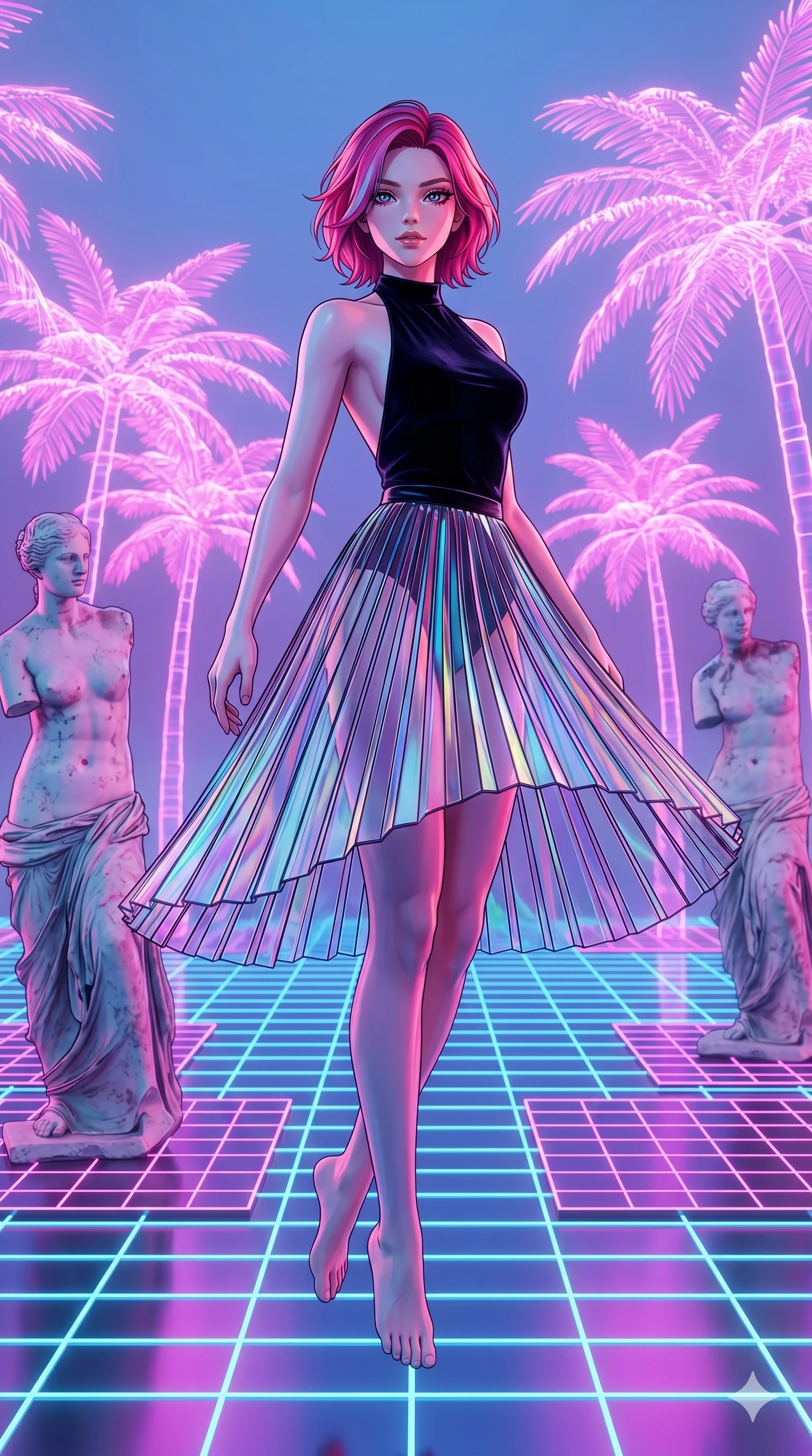 score_9, masterpiece, best quality, ultra-detailed, high-budget anime keyframe, Caucasian woman, strictly human ears. low angle full-body shot filling the entire 9:16 frame with her statuesque presence, stretching the vertical silhouette. drifting through a holographic vaporwave oasis with floating grid floors, lo-fi marble statues, and glowing pink palms. She has an absolutely perfect 8-heads proportion, an exceptionally tall and slender female figure with impossibly long slender legs and an ultra-slim waist. V-shaped jawline, high-bridge nose, intricate jewel-like eyes with depth, thick eyelashes, glossy lips with a natural sheen.. wearing a fractal glass pleated skirt and a backless black velvet halter neck top, creating a dramatic and elegant silhouette. accented by dynamic color-blocked lighting with high-contrast shadows emphasizing her statuesque height. 2k, ultra detail, master piece, 9:16 ratio