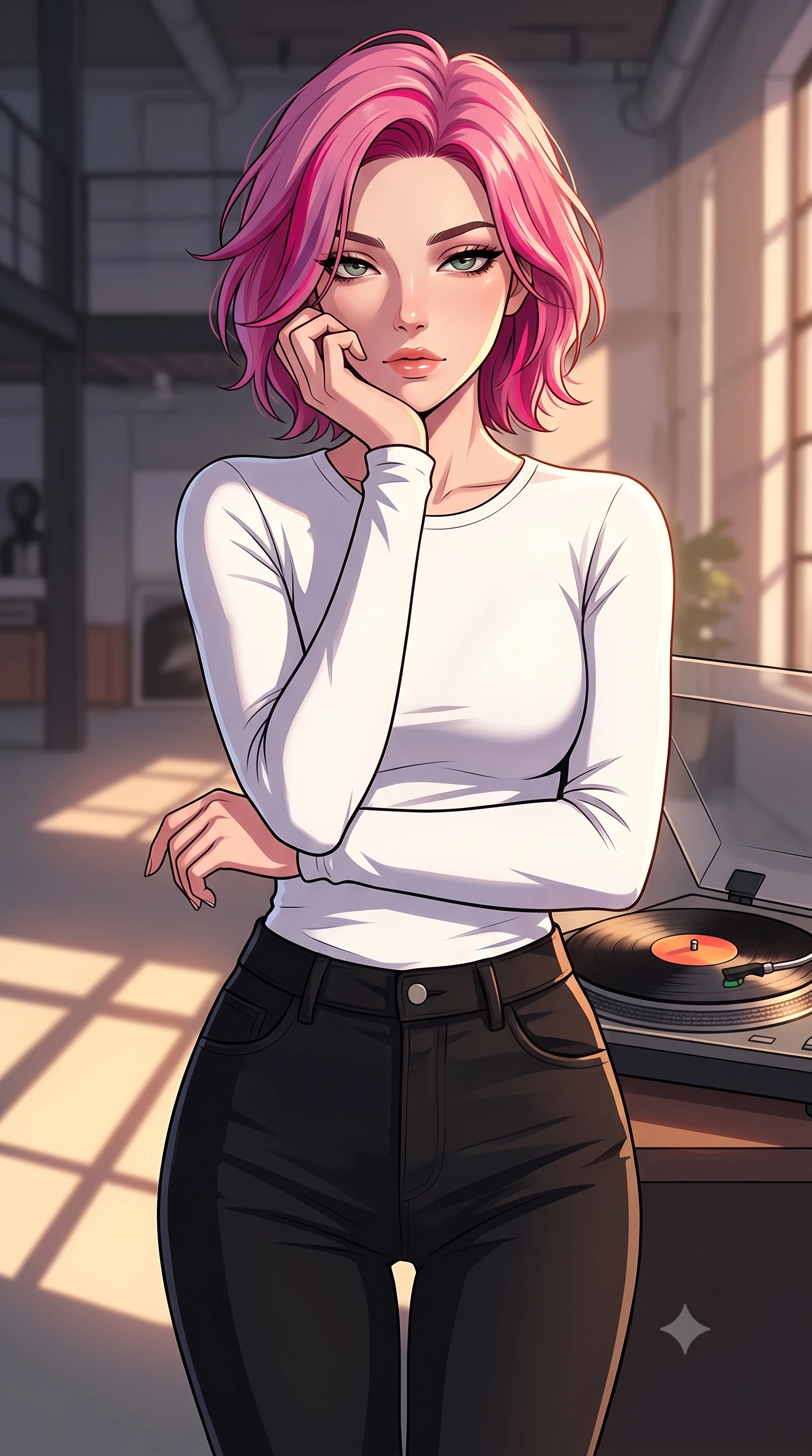 score_9, masterpiece, best quality, ultra-detailed, high-budget anime keyframe, tasteful artistic composition, Caucasian woman. close-up cowboy shot from the waist and thighs up, the character dominates the composition, filling the frame with her large presence, background elements kept in soft focus. resting her chin on the backs of her fingers, casting a heavy-lidded, sultry look past the camera the background shows a soft-focus a modern loft studio apartment with high ceilings and a record player spinning a vinyl. She has an exceptionally elegant, slender, and willowy female figure with an ultra-slim waist, a gracefully sculpted slender torso, and a refined silhouette. sharp v-shaped jawline, high-bridge nose, intricate jewel-like eyes with depth, thick eyelashes, glossy lips with a natural sheen. wearing a form-contouring tight-fitting long-sleeve tee in pure white, tucked into high-waisted black skinny pants. warm evening sunlight casting long geometric shadow lines across the floor. highly saturated vibrant anime colors, cel-shading, 2d style, master piece, 9:16 ratio