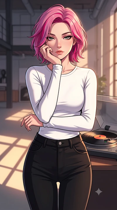 score_9, masterpiece, best quality, ultra-detailed, high-budget anime keyframe, tasteful artistic composition, Caucasian woman. close-up cowboy shot from the waist and thighs up, the character dominates the composition, filling the frame with her lar