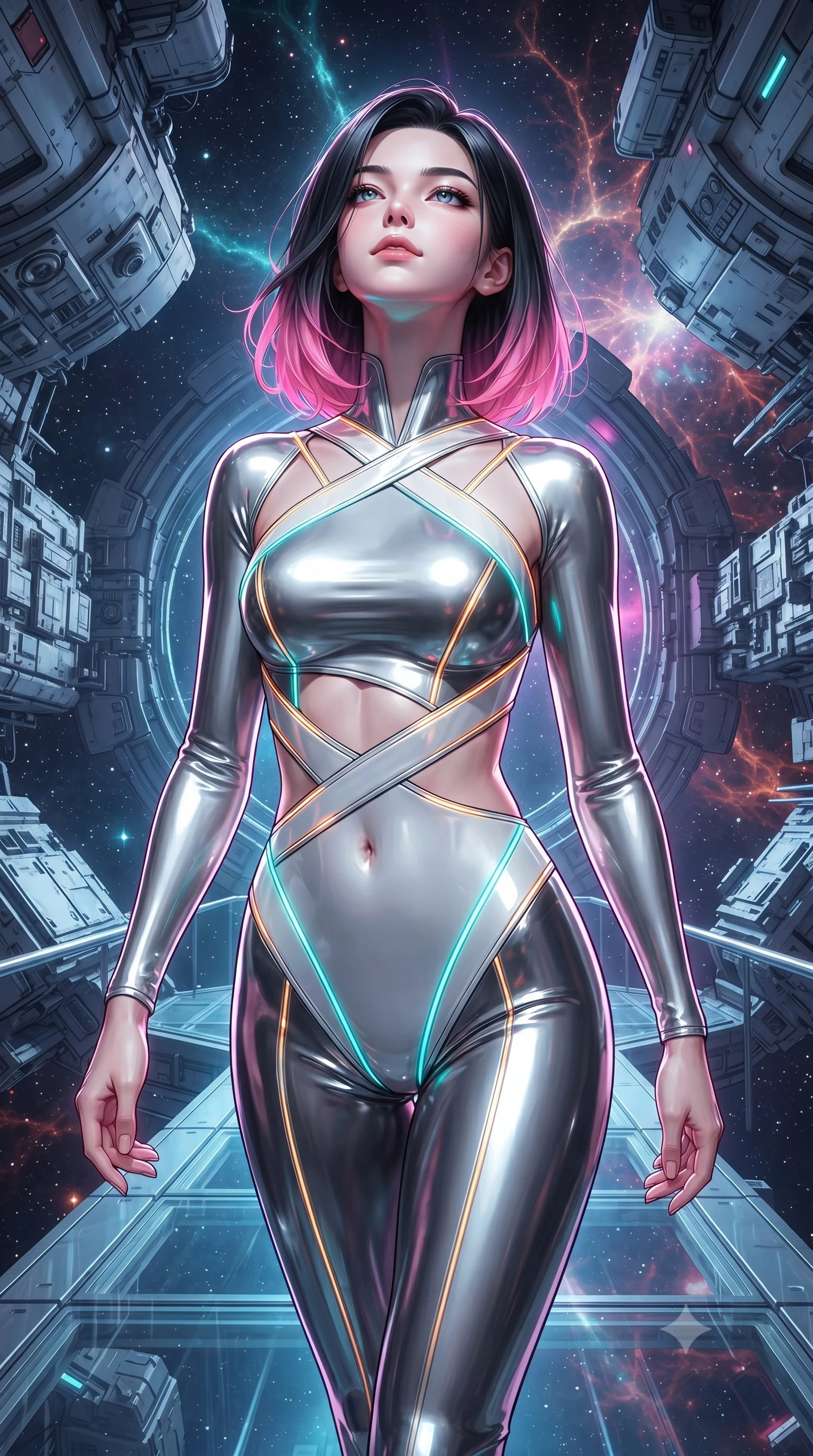 score_9, masterpiece, best quality, ultra-detailed, high-budget anime keyframe, editorial fashion photography, tasteful artistic composition, Korean woman. close-up cowboy shot from the waist and thighs up, the character dominates the composition, filling the frame with her large presence. tilting her head back with serene regal elegance, her sharp jawline and sculpted collarbones highlighted by glowing neon halo reflections while stepping along a floating glass catwalk extending into open space under brilliant orbital sunlight. The surrounding environment is rendered in vivid detail and crisp panoramic clarity. intricate space station module geometry, cosmic supernova filament structures, and starlight in high clarity. She has an exceptionally elegant, slender, and willowy female figure with an ultra-slim waist, a gracefully sculpted slender torso, toned flat midriff, and a refined slim silhouette. sharp v-shaped jawline, high-bridge nose, intricate jewel-like eyes with depth, thick eyelashes, glossy lips with a natural sheen, flawlessly proportioned anatomical accuracy, strict slender model proportions, natural body alignment, perfectly sculpted long slender limbs, ultra-slim waistline, clean dynamic posture without body distortion. wearing a second-skin white-and-gold high-fashion tech-bodysuit with diagonal midriff cutouts and glowing cyan fiber seams in high-contrast monochrome white enamel and glowing amber lines, crafted from ultra-reflective second-skin liquid metal with a mirror-like polish, complemented by criss-cross back straps highlighting her completely bare spine, the precision-cut daring openings accentuating her delicate midriff, graceful bare collarbones, and ultra-slim feminine waistline. surrounded by an awe-inspiring, supreme, and radiantly divine cosmic sovereign aura. ultra-reflective glossy finish, specular highlights, dark metallic sheen, high-contrast stereoscopic depth, volumetric dynamic lighting, 2k, ultra detail, master piece, 9:16 ratio