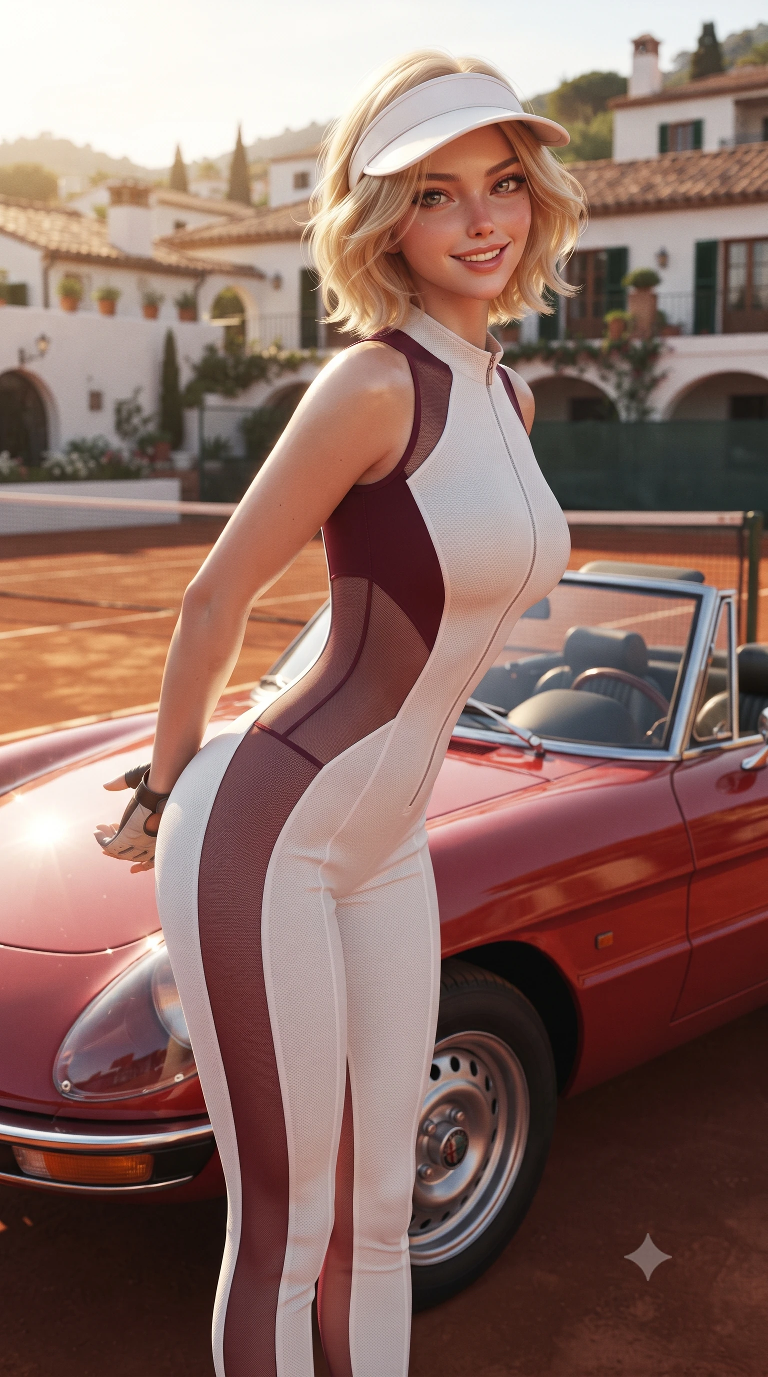 score_9, masterpiece, best quality, ultra-detailed, high-budget anime keyframe, editorial fashion photography, tasteful artistic composition, Caucasian woman. close-up cowboy shot from the waist and thighs up, the character dominates the composition, filling the frame with her large presence. resting both hands lightly behind her back while leaning toward the lens with a cheerful, teasing grin, her form-fitting athletic suit hugging her narrow waist and hip curve while standing poised beside a vintage racing-red Alfa Romeo parked by the clay court with hips cocked back, casting an intoxicating, sunlit bedroom-gaze. The surrounding environment is rendered in vivid detail and crisp panoramic clarity: detailed piqué knit texture, dewy post-match glow on skin, and legendary Mediterranean tennis architecture in high resolution. She has an exceptionally elegant, slender, and willowy female figure with an ultra-slim waist, flat toned midriff, narrow ribcage, and sculpted feminine hips creating an alluring, slim hourglass silhouette without bulk. sharp v-shaped jawline, high-bridge nose, sparkling eyes with athletic focus and depth, thick curled eyelashes, glossy parted lips with a natural coral-peach sheen, bright confident and coquettish smile with alluring bedroom-eyes, exuding both youthful sporty vigor and sovereign high-society glamour, flawlessly proportioned anatomical accuracy, strict slender model proportions, natural body alignment, perfectly sculpted long slender limbs, ultra-slim waistline, clean dynamic posture without body distortion. wearing a form-fitting white-and-emerald paddock racing jumpsuit with strategic sheer mesh panels along the torso and thighs in rich burgundy wine and crisp court white, made of second-skin technical compression piqué knit with moisture-wicking stretch, accented with a sporty retro tennis visor and fingerless leather driving gloves, the glove-like aerodynamic silhouette tightly following the natural contour of her hips and long slender legs with youthful 8.5-heads elegance. bathed in warm sunny afternoon light reflecting off the red clay surface and whitewashed club walls. ultra-reflective glossy finish, specular highlights, rich textural contrasts, high-contrast stereoscopic depth, volumetric dynamic lighting, 2k, ultra detail, master piece, 9:16 ratio