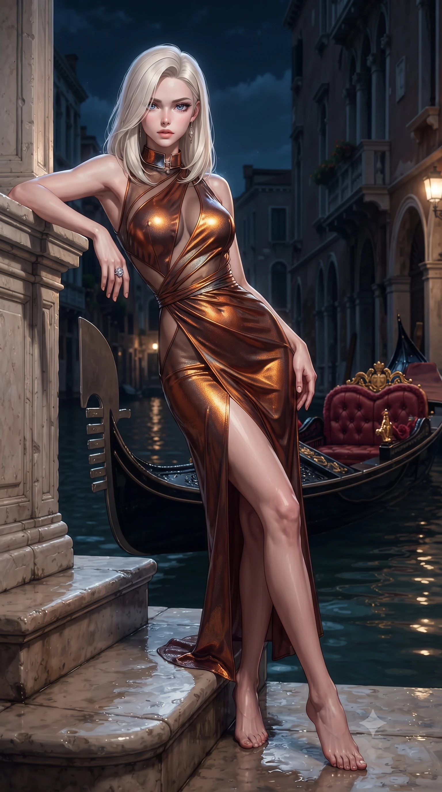 score_9, masterpiece, best quality, ultra-detailed, high-budget anime keyframe, editorial fashion photography, tasteful artistic composition, Caucasian woman. low angle full-body shot from head to toe showing her feet, filling the entire 9:16 vertical frame with her statuesque presence, stretching her vertical silhouette. leaning deep against the structural architecture with hips cocked in an unapologetically bold, seductive high-fashion stance while gliding down the grand palace water steps with supermodel poise, her liquid dress clinging to her narrow waist and rounded hips in the moonlight. The surrounding environment is rendered in vivid detail and crisp panoramic clarity. sharp carved baroque gondola prow details, velvet cushion tufting, and damp marble masonry in deep focus. She has an exceptionally tall and slender model-like 8.5-heads proportion, an ultra-slim waist, a flat toned midriff, narrow delicate ribcage, and beautifully sculpted feminine hips creating a graceful, slim hourglass silhouette without any bulky heaviness, with impossibly long slender legs. sharp v-shaped jawline, high-bridge nose, intricate jewel-like eyes with depth, thick eyelashes, glossy parted lips with a natural sheen, intensely captivating and seductive bedroom-eyes expression, flawlessly proportioned anatomical accuracy, strict slender model proportions, natural body alignment, perfectly sculpted long slender limbs, ultra-slim waistline, clean dynamic posture without body distortion. wearing a wet-look silk fusion wrap dress with asymmetrical sheer mesh cutouts and high Mandarin collar in rich copper bronze and warm amber, crafted from luxurious metallic lamé that shifts radiance with every step, complemented by a bold geometric choker and sparkling cocktail ring, the precision-cut side openings and low-back scoop framing her graceful spine and the sensual sweep of her slim, toned hips. surrounded by an aristocratic, scandalous, and breathlessly captivating Venetian siren aura. ultra-reflective glossy finish, specular highlights, rich textural contrasts, high-contrast stereoscopic depth, volumetric dynamic lighting, 2k, ultra detail, master piece, 9:16 ratio