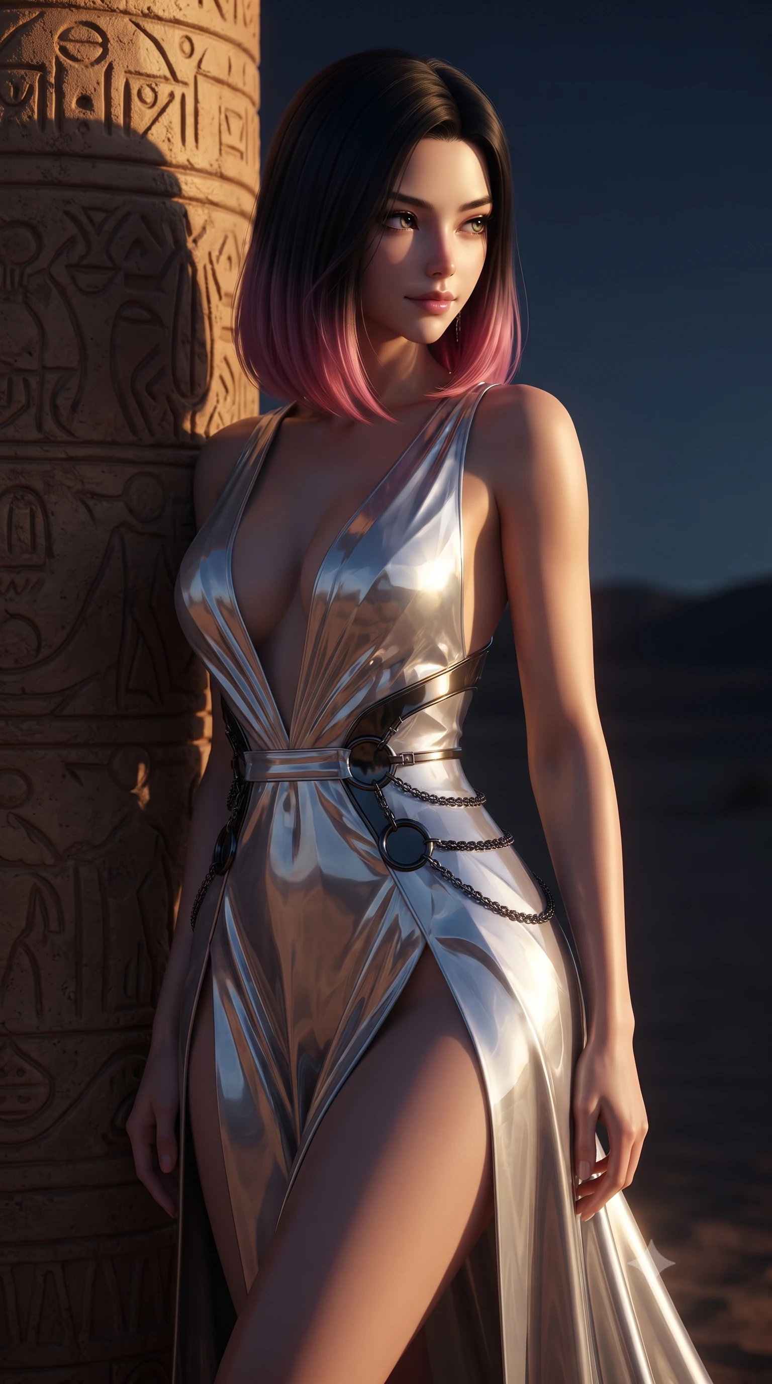score_9, masterpiece, best quality, ultra-detailed, high-budget anime keyframe, editorial fashion photography, tasteful artistic composition, Korean woman. close-up cowboy shot from the waist and thighs up, the character dominates the composition, filling the frame with her large presence, background elements kept in soft focus. Glancing sidelong over her shoulder with a smoldering, enigmatic half-smile, resting against a carved clay pillar looking out at a dark desert horizon, mysterious oriental desert luxury aesthetic. She has an exceptionally elegant, slender, and willowy female figure with an ultra-slim waist, a gracefully sculpted slender torso, and a refined silhouette. sharp v-shaped jawline, high-bridge nose, intricate jewel-like eyes with depth, thick eyelashes, glossy lips with a natural sheen. wearing deep plunging V-neckline midnight gown with daring high thigh slit in pearl white, made of sculpted obsidian metallic chrome, trimmed with dark chrome ring hardware along the waist contours, the fitted fabric emphasizing her ultra-slim waist. bathed in dramatic golden-amber and deep desert sky contrast. ultra-reflective glossy finish, specular highlights, metallic sheen, high-contrast stereoscopic depth, volumetric dynamic lighting, 2k, ultra detail, master piece, 9:16 ratio