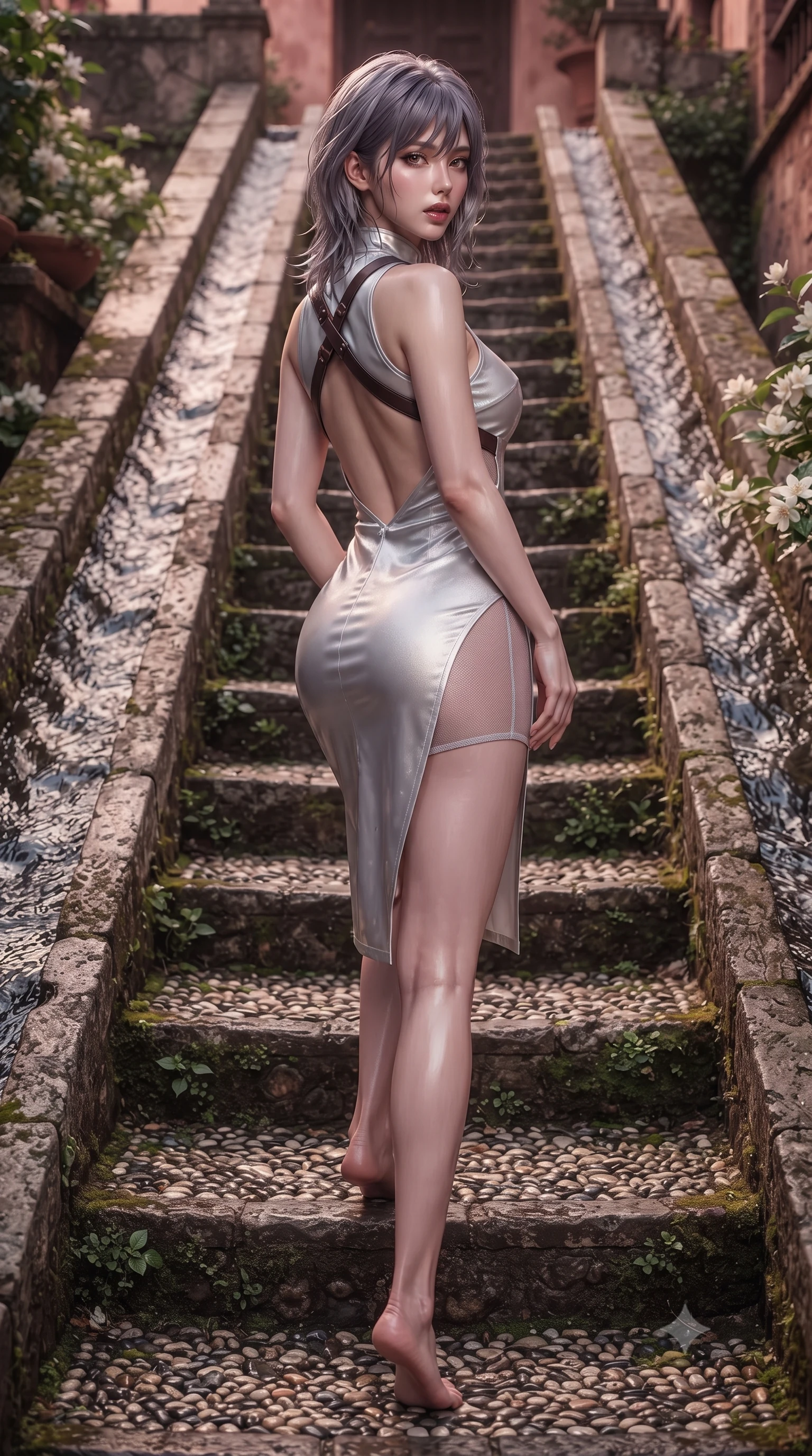 score_9, masterpiece, best quality, ultra-detailed, high-budget anime keyframe, editorial fashion photography, tasteful artistic composition, Japanese woman. low angle full-body shot from head to toe showing her feet, filling the entire 9:16 vertical frame with her statuesque presence, stretching her vertical silhouette. posing with back turned slightly to the lens, glancing back with smoldering allure as she arches her lower back to emphasize her sculpted feminine hips and slender waist while descending the ancient stone staircase with channels of mountain water flowing through the handrails, arching her back with sovereign supermodel grace. The surrounding environment is rendered in vivid detail and crisp panoramic clarity. sharp water surface ripples in carved stone channels, weathered pebble mosaic steps, and jasmine petal venation in deep focus. She has an exceptionally tall and slender model-like 8.5-heads proportion, an ultra-slim waist, a flat toned midriff, narrow delicate ribcage, and beautifully sculpted feminine hips creating a graceful, slim hourglass silhouette without any bulky heaviness, with impossibly long slender legs. sharp v-shaped jawline, high-bridge nose, intricate jewel-like eyes with depth, thick eyelashes, glossy parted lips with a natural sheen, intensely captivating and seductive bedroom-eyes expression, flawlessly proportioned anatomical accuracy, strict slender model proportions, natural body alignment, perfectly sculpted long slender limbs, ultra-slim waistline, clean dynamic posture without body distortion. wearing a wet-look silk fusion wrap dress with asymmetrical sheer mesh cutouts and high Mandarin collar in shimmering silver mercury and pearl white, tailored from liquid silk jersey adhering flawlessly to her slender build, featuring an open-back criss-cross harness strap in dark leather, the precision-cut side openings and low-back scoop framing her graceful spine and the sensual sweep of her slim, toned hips. bathed in rich Andalusian dusk glow in shades of burnt sienna and dusty rose. ultra-reflective glossy finish, specular highlights, rich textural contrasts, high-contrast stereoscopic depth, volumetric dynamic lighting, 2k, ultra detail, master piece, 9:16 ratio