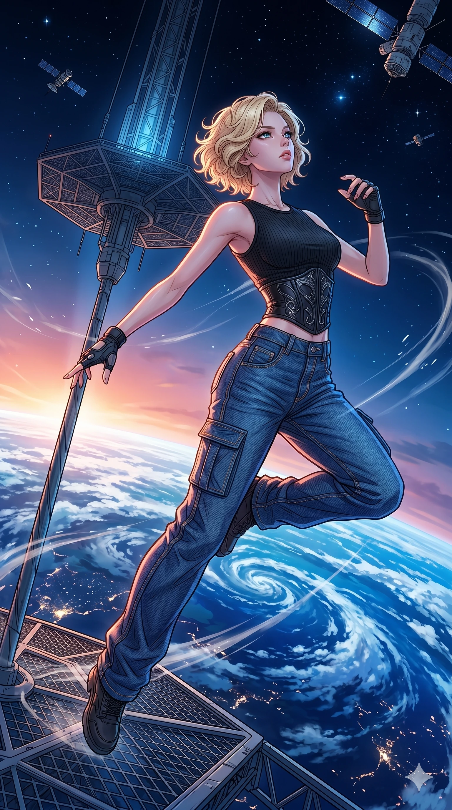 score_9, masterpiece, best quality, ultra-detailed, high-budget anime movie keyframe, cinematic anime lighting, intricate line art, Korean woman. Mid-air action shot capturing a graceful twist and vertical silhouette. leaping from a space elevator into the upper atmosphere. She has an absolutely perfect 8-heads proportion, an exceptionally tall and slender female figure with graceful and slender proportions. strictly human anatomy, two legs only, no extra limbs, clearly defined legs and arms, perfect anatomy, perfect hands and fingers. sharp v-shaped jawline, high-bridge nose, intricate jewel-like eyes, thick eyelashes, glossy lips. Wearing Urban Trendsetter: Ribbed bodycon dress, crop top with high-waist denim, and elegant corset with cargo pants. The scene is illuminated by dramatic atmospheric lighting and vibrant color palettes. , 2k, ultra detail, master piece, 9:16 ratio