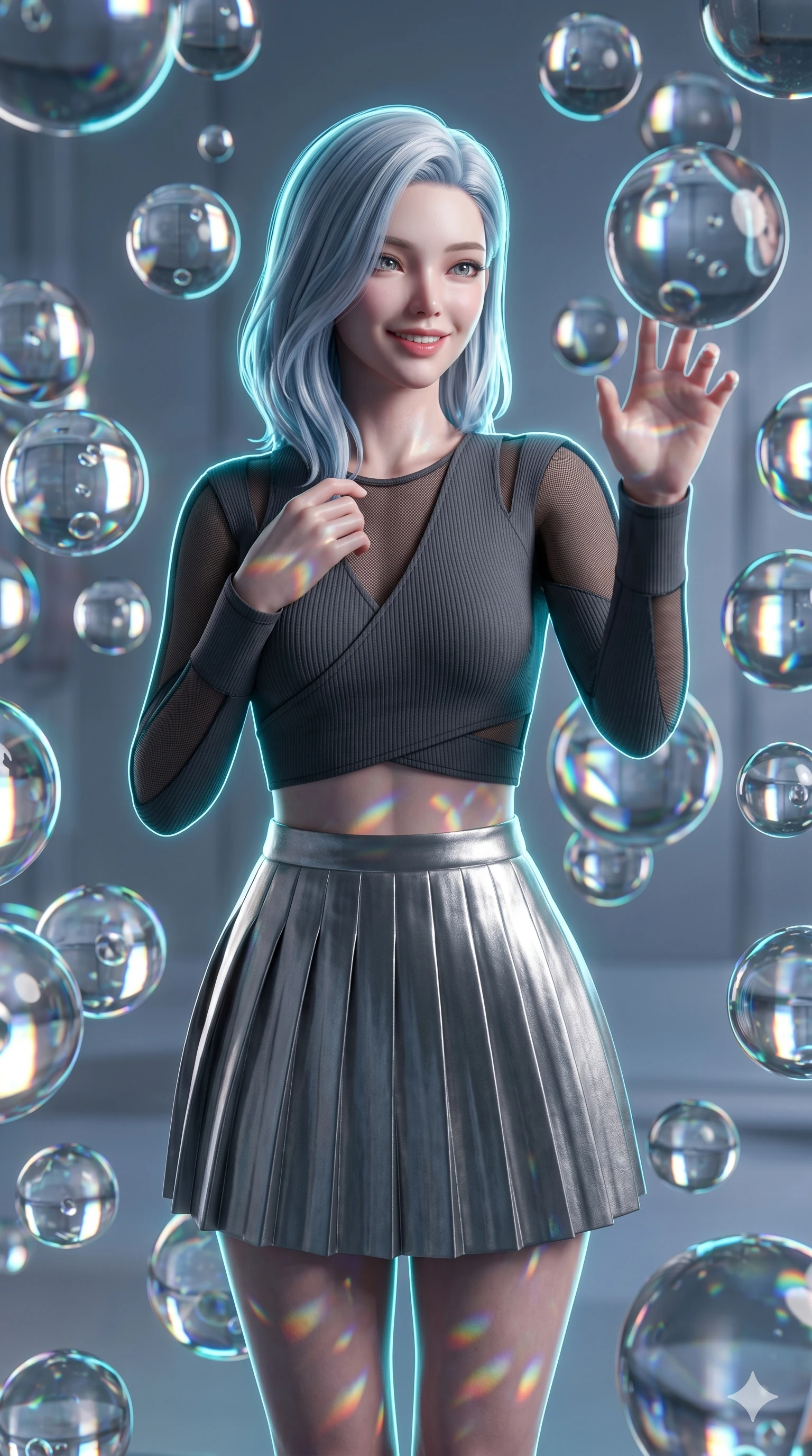 score_9, masterpiece, best quality, ultra-detailed, high-budget anime keyframe, semi-realistic 3D game render, Korean woman. Upper body close-up from the thighs up, character filling the screen for maximum presence. Standing in a room of floating glass spheres, reaching out to touch a sphere with a captivated, playful smile. She is wearing a cropped wrap top with sheer panels and a high-waisted metallic skirt. The scene is bathed in the refracting light of the spheres and a cool cyan rim light. 2k, ultra detail, master piece, 9:16 ratio