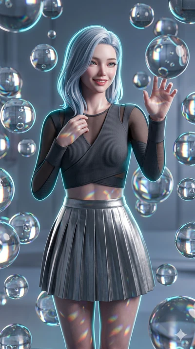 score_9, masterpiece, best quality, ultra-detailed, high-budget anime keyframe, semi-realistic 3D game render, Korean woman. Upper body close-up from the thighs up, character filling the screen for maximum presence. Standing in a room of floating gla