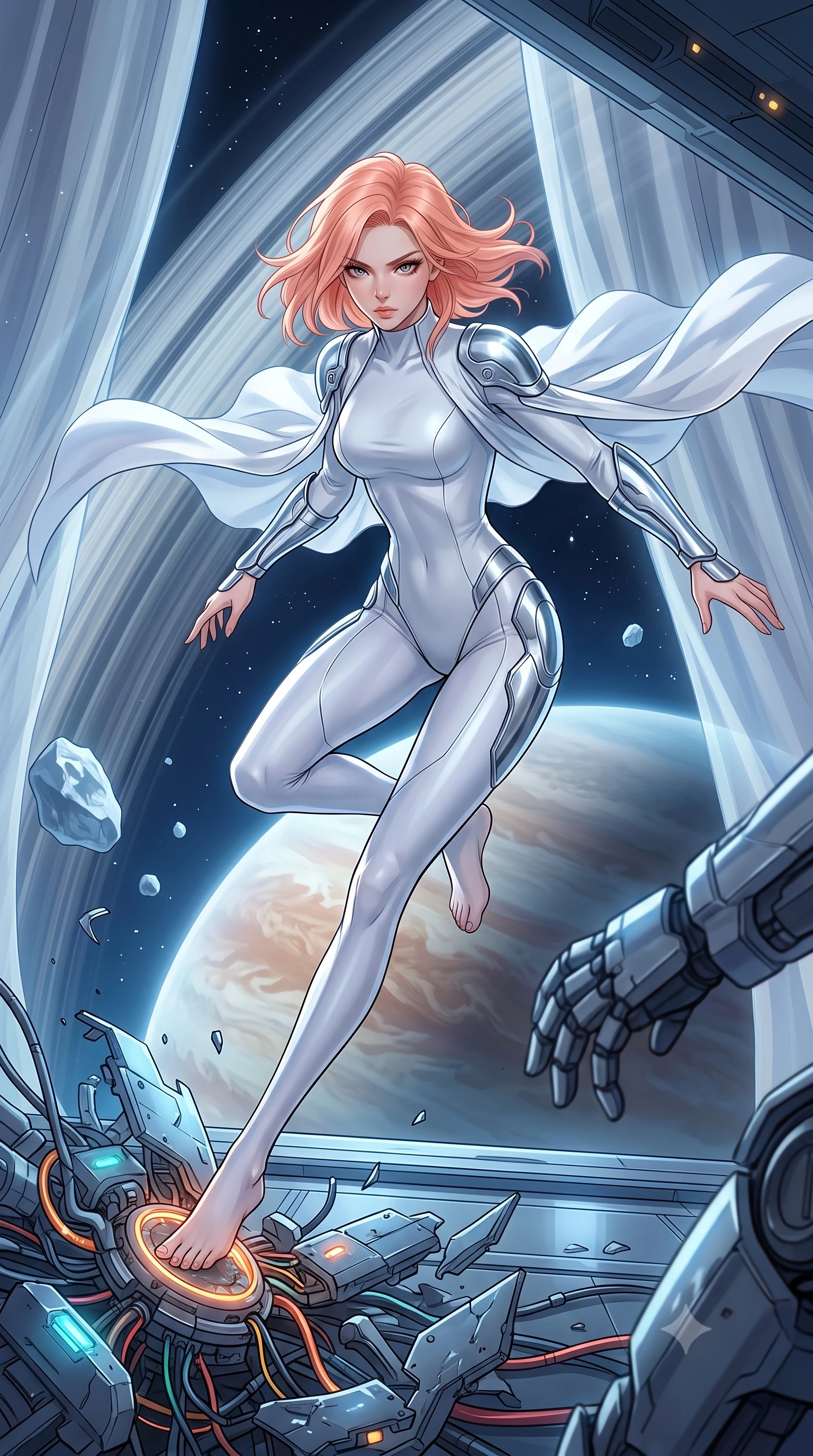score_9, masterpiece, best quality, ultra-detailed, high-budget anime keyframe, editorial fashion photography, tasteful artistic composition, Japanese woman. low angle full-body shot from head to toe showing her feet, filling the entire 9:16 vertical frame with her statuesque presence, stretching her vertical silhouette. acrobatically dodging a heavy mech's swipe by vaulting off a pile of cybernetic debris through a space station positioned in the gap of a massive planetary ring system, ice boulders floating nearby in silence. She has a statuesque 8.5-heads proportion, an exceptionally tall, slender and willowy model-like build with impossibly long legs and a highly sculpted ultra-slim waist. sharp v-shaped jawline, high-bridge nose, intricate jewel-like eyes with depth, thick eyelashes, glossy lips with a natural sheen. wearing the lightweight fabric rippling and billowing dramatically with her movement, a slim-fit form-contouring white bodysuit with silver chrome plating on the shoulders and sides, featuring a high mock neck. highly saturated vibrant anime colors, intense vivid color palette, soft 3D volumetric shading, volumetric dynamic lighting, cold silver moonlight filtered through translucent gossamer curtains casting delicate shadows. 2k, ultra detail, master piece, 9:16 ratio