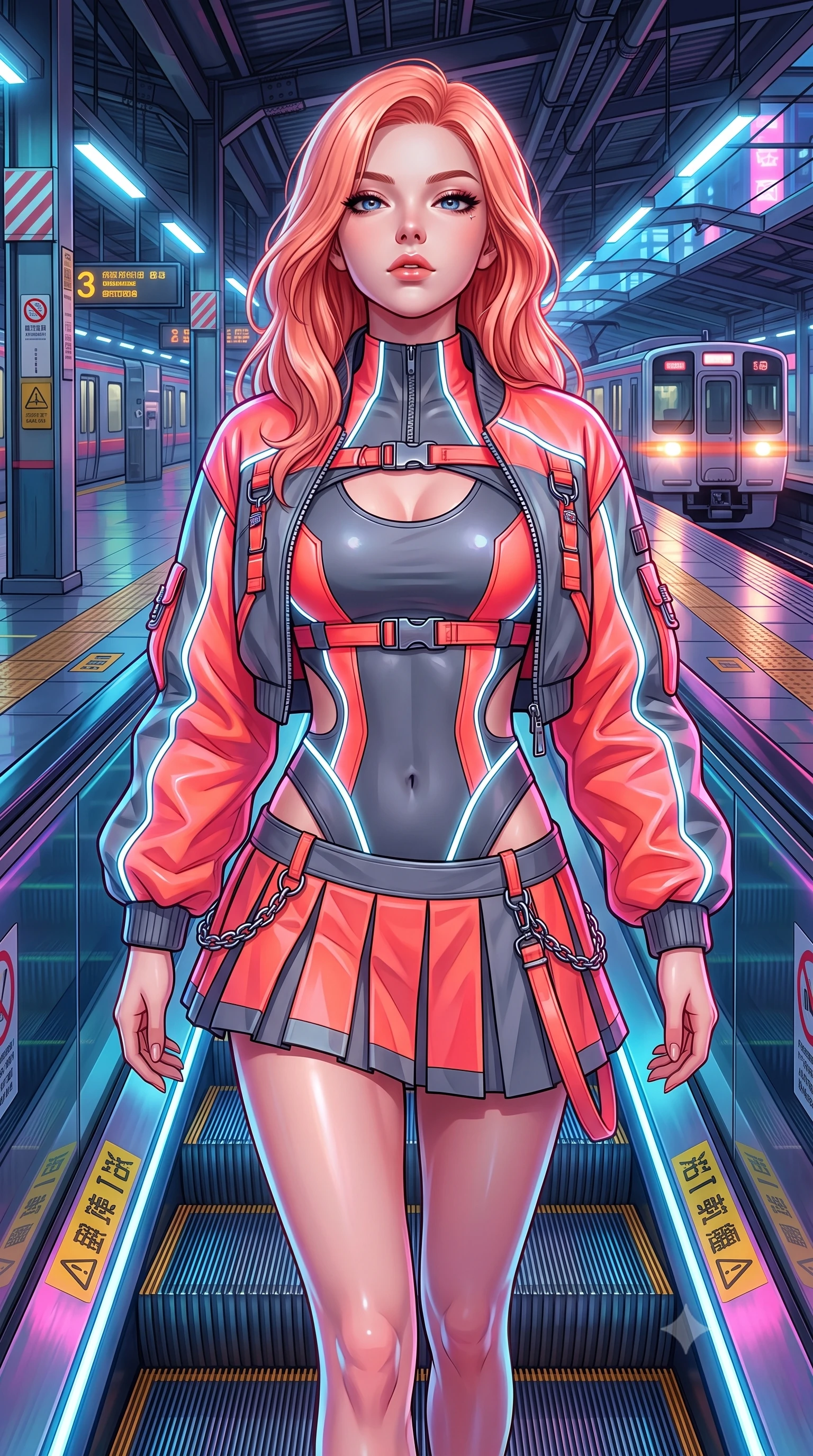 score_9, masterpiece, best quality, ultra-detailed, high-budget anime keyframe, semi-realistic 3D game render, editorial fashion photography, tasteful artistic composition, Japanese woman. close-up cowboy shot from the waist and thighs up, the character dominates the composition, filling the frame with her large presence. tilting her chin up with proud, sovereign confidence while gazing directly into the lens with thick, dark eyelashes while striding down the neon-drenched escalator with confident Y2K swagger and athletic model poise. The surrounding environment is rendered in vivid detail and crisp panoramic clarity. detailed platform safety markings, leather harness buckles, and train headlights in high clarity. She has an exceptionally elegant, slender, and willowy female figure with an ultra-slim waist, a gracefully sculpted slender torso, toned flat midriff, and a refined slim silhouette. sharp v-shaped jawline, high-bridge nose, intricate jewel-like eyes with depth, thick eyelashes, glossy lips with a natural sheen, captivating and magnetic expression, flawlessly proportioned anatomical accuracy, strict slender model proportions, natural body alignment, perfectly sculpted long slender limbs, ultra-slim waistline, clean dynamic posture without body distortion. wearing a cutout cyberpunk bodysuit paired with an oversized neon-piped bomber jacket and pleated micro-skirt in blazing neon coral and graphite grey, tailored from lightweight crinkle nylon with glowing reflective piping, accented with hanging industrial clip straps and chrome chain links, the sleek tailored cut tightly hugging her graceful clavicle, narrow waist, and feminine curves with statuesque precision. surrounded by an edgy, electrifying, and irresistibly cool cyber-street idol aura. highly saturated vibrant anime colors, detailed shading with soft gradients, rich glossy textures, high-contrast stereoscopic depth, volumetric dynamic lighting, master piece, 9:16 ratio