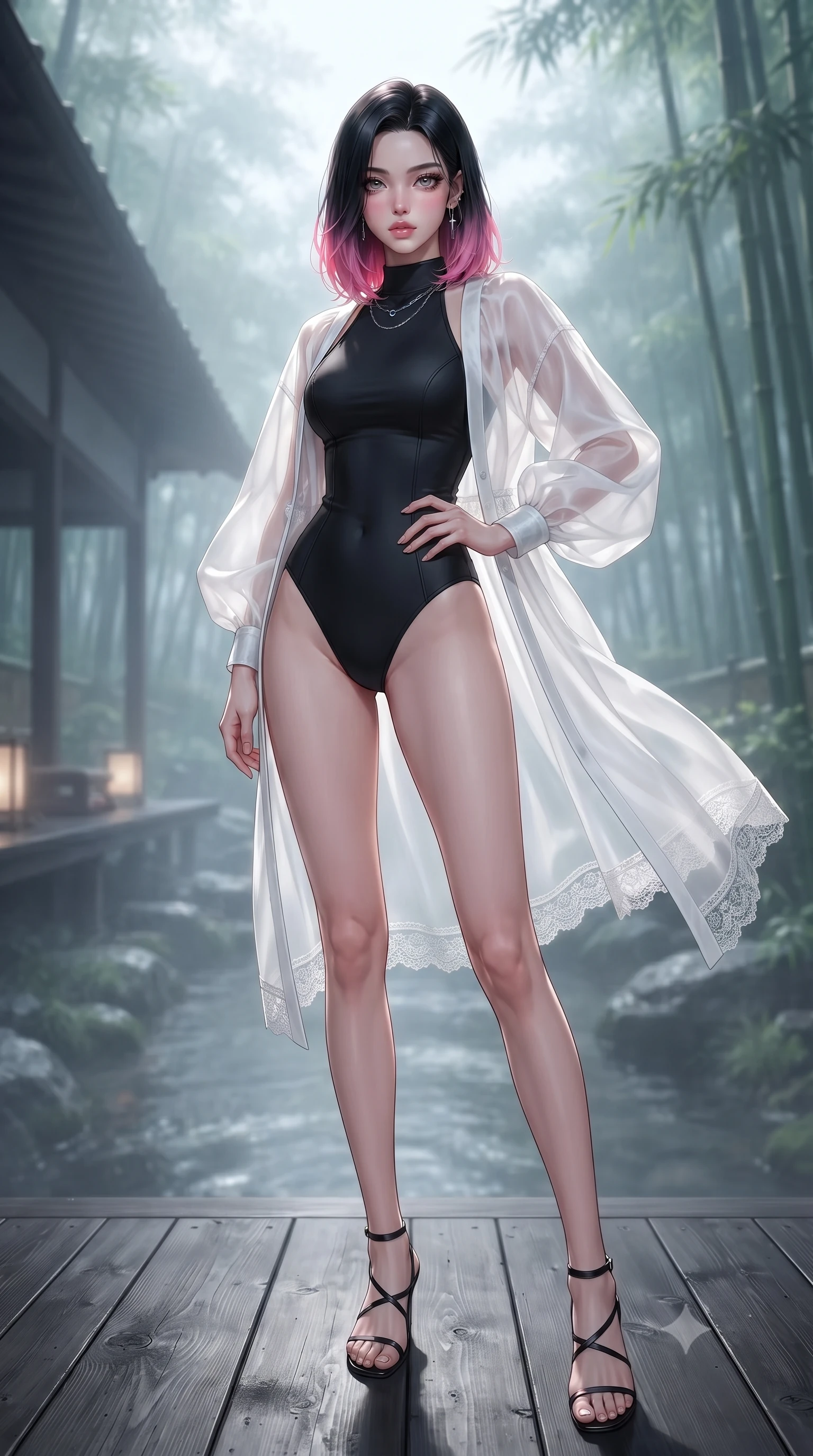 score_9, masterpiece, best quality, ultra-detailed, high-budget anime keyframe, editorial fashion photography, tasteful artistic composition, Korean woman woman. low angle full-body shot from head to toe showing her feet, filling the entire 9:16 vertical frame with her statuesque presence, stretching her vertical silhouette. posing confidently with one hand on her hip, stretching her statuesque body to emphasize her curves the background shows a soft-focus a wooden deck of a traditional Japanese inn overlooking a quiet stream and bamboo grove. She has an absolutely perfect, statuesque 8.5-heads proportion, an exceptionally tall and slender model-like female figure with impossibly long slender legs and an ultra-slim waist. sharp v-shaped jawline, high-bridge nose, intricate jewel-like eyes with depth, thick eyelashes, glossy lips with a natural sheen. wearing a slim-fit sheer white organza resort cover-up worn over a form-fitting one-piece swimsuit, showing her elegant clavicle lines. soft morning mist diffusing the sunlight, creating a tranquil atmosphere. ultra-reflective glossy finish, specular highlights, metallic sheen, high-contrast stereoscopic depth, volumetric dynamic lighting, 2k, ultra detail, master piece, 9:16 ratio