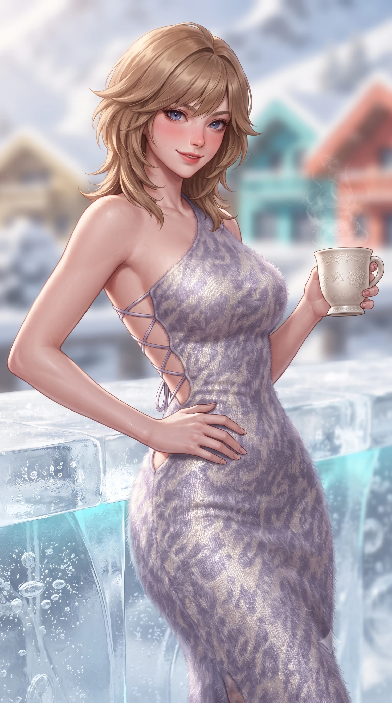 score_9, masterpiece, best quality, ultra-detailed, high-budget anime keyframe, editorial fashion photography, tasteful artistic composition, Korean woman. close-up cowboy shot from the waist and thighs up, the character dominates the composition, filling the frame with her large presence. twisting her slender torso in an alluring contrapposto stance, one hand resting on her sculpted hip while holding a steaming mug with effortless poise while leaning over the hand-carved crystalline ice bar counter with hips cocked back, arching her back with an intoxicating, glamorous smoldering smile. The composition keeps background elements in soft focus with dreamy creamy bokeh. the glistening snow bowls of the French Three Valleys and colorful luxury chalet roofs blurred into champagne, turquoise, and coral bokeh. She has an exceptionally elegant, slender, and willowy female figure with an ultra-slim waist, flat toned midriff, narrow ribcage, and sculpted feminine hips creating an alluring, slim hourglass silhouette without bulk. sharp v-shaped jawline, high-bridge nose, sparkling ice-crystal eyes with depth, frosty thick lashes, glossy parted lips with a rosy berry sheen, bright playful smile with an intoxicating seductive glint, rosy flushed cheeks radiating cozy warmth and dangerous allure, flawlessly proportioned anatomical accuracy, strict slender model proportions, natural body alignment, perfectly sculpted long slender limbs, ultra-slim waistline, clean dynamic posture without body distortion. wearing an asymmetrical one-shoulder metallic knit dress hugging her narrow waist and rounded hips in frosty lilac violet and pearlescent ivory, tailored from plush brushed mohair with delicate fuzzy halo texture, finished with criss-cross back satin laces tracing her slender spine, the precision-cut side openings and low-back scoop framing her graceful spine and the sensual sweep of her slim, toned hips. bathed in dazzling high-altitude alpine sunlight and subtle cyan ice-bar underlighting. ultra-reflective glossy finish, specular highlights, rich textural contrasts, high-contrast stereoscopic depth, volumetric dynamic lighting, 2k, ultra detail, master piece, 9:16 ratio