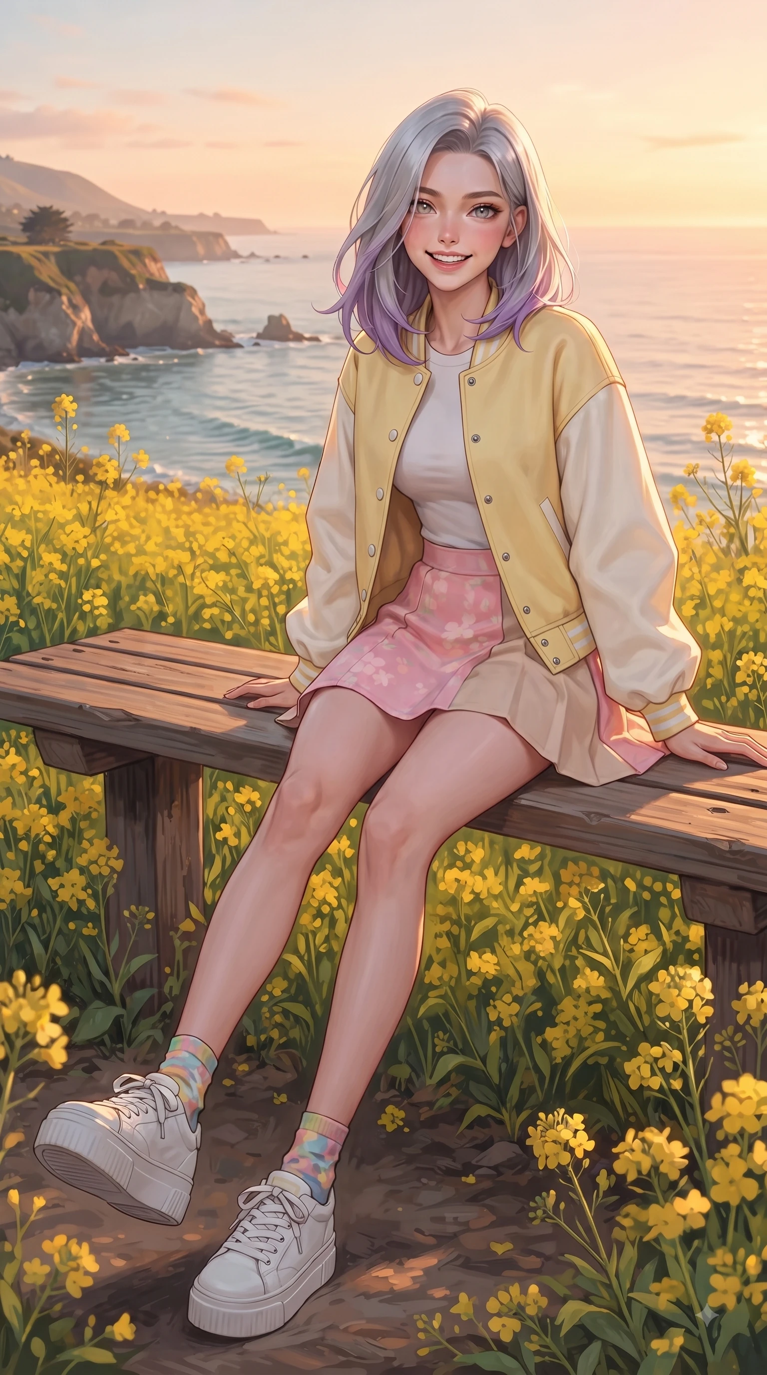 score_9, masterpiece, best quality, ultra-detailed, high-budget anime keyframe, editorial fashion photography, tasteful artistic composition, Caucasian woman. low angle full-body shot from head to toe showing her feet, filling the entire 9:16 vertical frame with her statuesque presence, stretching her vertical silhouette. stepping forward gracefully in mid-motion with a delighted cute expression, displaying her statuesque model proportions while sitting playfully on a wooden bench surrounded by yellow canola flower fields with a radiant beaming smile. The surrounding environment is rendered in vivid detail and crisp panoramic clarity. glistening ocean water refractions and scenic coastal cliffs captured in sharp environmental detail. She has an absolutely perfect, statuesque 8.5-heads proportion, an exceptionally tall and slender model-like female figure with impossibly long slender legs and an ultra-slim waist. sharp v-shaped jawline, high-bridge nose, intricate jewel-like eyes with depth, thick eyelashes, glossy lips with a natural sheen, flawlessly proportioned anatomical accuracy, natural body alignment, perfectly sculpted elegant limbs, clean dynamic posture without body distortion. wearing a chic urban pastel yellow varsity jacket, fitted white tee, and tennis skirt in cherry blossom pink and soft beige, made of comfortable premium stretch denim and soft jersey, accented with soft smocked details and fluttery cuffs, the relaxed yet flattering fit accentuating her naturally graceful and slender figure. illuminated by a glorious golden hour sunburst painting the clouds in joyful peach and amber. ultra-reflective glossy finish, specular highlights, metallic sheen, high-contrast stereoscopic depth, volumetric dynamic lighting, 2k, ultra detail, master piece, 9:16 ratio