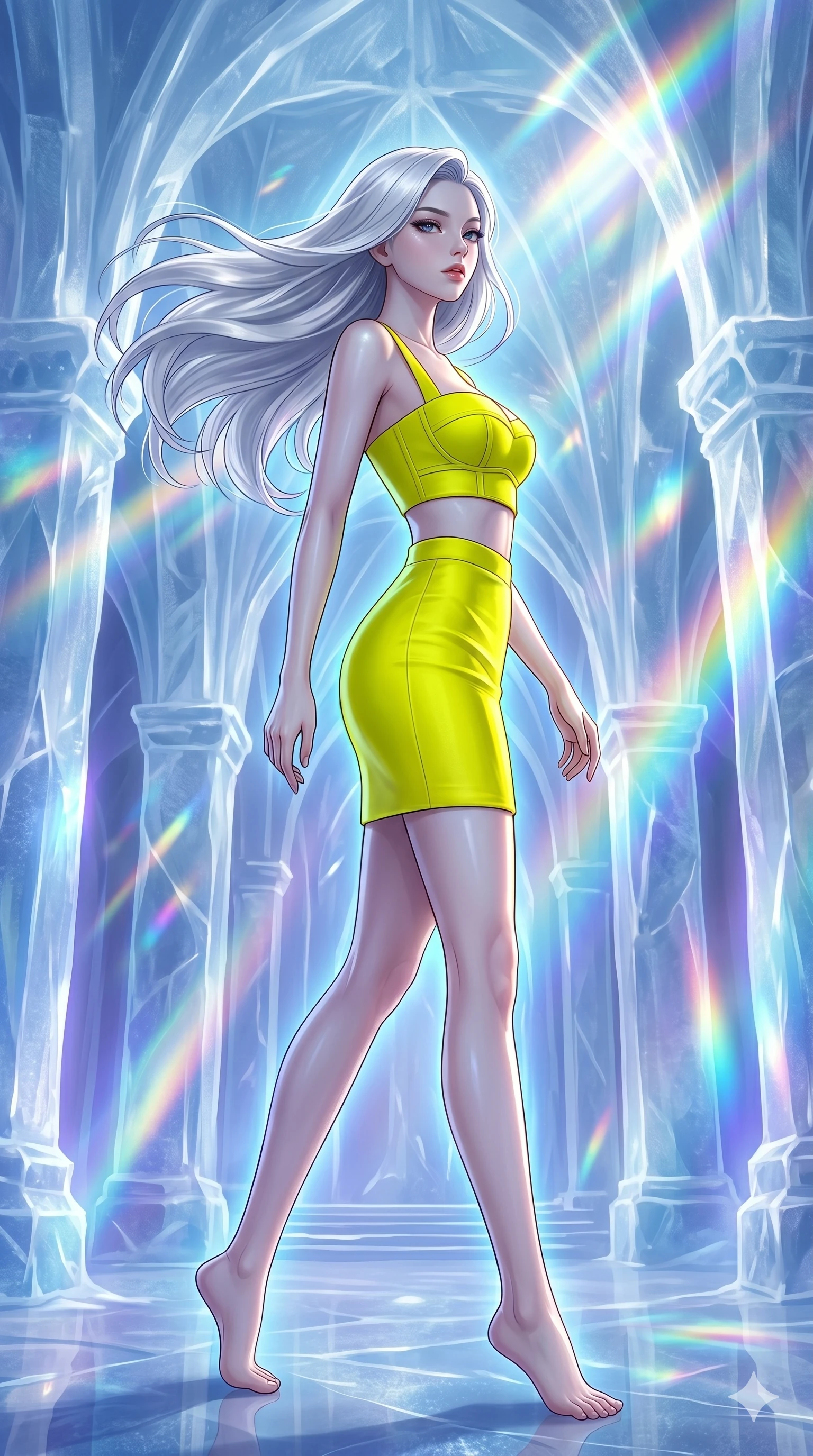 score_9, masterpiece, best quality, ultra-detailed, high-budget anime keyframe, editorial fashion photography, tasteful artistic composition, Korean woman. low angle full-body shot from head to toe showing her feet, filling the entire 9:16 vertical frame with her statuesque presence, stretching her vertical silhouette. Pivoting sharply mid-step with hair sweeping dramatically behind inside a cathedral carved from pure glacier ice with refracted rainbow light pouring through every surface. She has an absolutely perfect 8-heads proportion, an exceptionally tall and slender female figure with impossibly long slender legs and an ultra-slim waist. V-shaped jawline, high-bridge nose, intricate jewel-like eyes with depth, thick eyelashes, glossy lips with a natural sheen. wearing a bold structured two-piece set in vivid electric yellow featuring a high-waist fitted tube skirt at mid-thigh and a matching structured crop top with architectural banding at the bust. bathed in cool ethereal blue-violet bioluminescent glow that highlights her form from all sides. 2k, ultra detail, master piece, 9:16 ratio