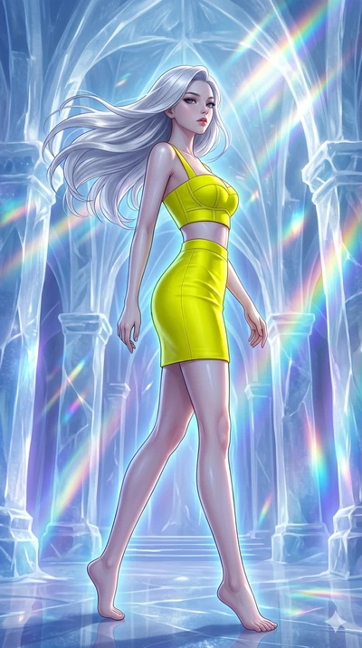 score_9, masterpiece, best quality, ultra-detailed, high-budget anime keyframe, editorial fashion photography, tasteful artistic composition, Korean woman. low angle full-body shot from head to toe showing her feet, filling the entire 9:16 vertical f