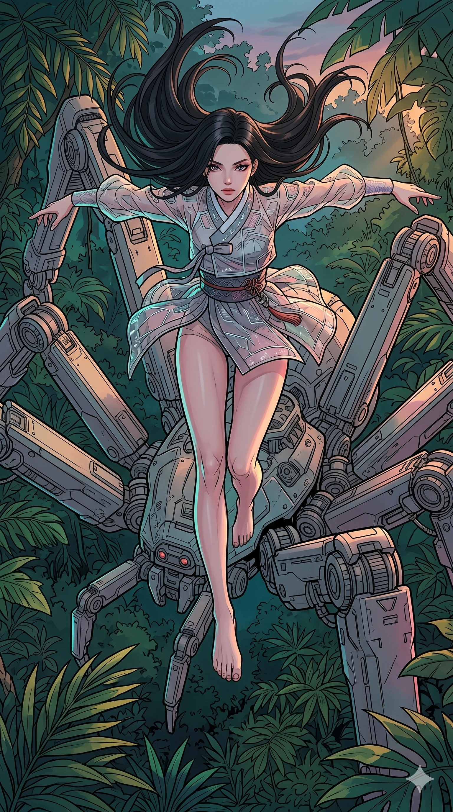 score_9, masterpiece, best quality, ultra-detailed, high-budget anime movie keyframe, cinematic anime lighting, intricate line art, Korean anime girl. Extreme high angle shot as she leaps towards the camera, filling the frame. piloting a giant mechanical spider through a dense jungle. She has an absolutely perfect 8-heads proportion, an exceptionally tall and slender female figure with an ultra-slim waist and impossibly long slender legs. strictly human anatomy, two legs only, no extra limbs, clearly defined legs and arms, perfect anatomy, perfect hands and fingers. sharp v-shaped jawline, high-bridge nose, intricate jewel-like eyes, thick eyelashes, glossy lips. Wearing Modern Traditional: Shortened cyber-hanbok with fusion silk robes and transparent panels. The scene is illuminated by dramatic atmospheric lighting and vibrant color palettes. , 2k, ultra detail, master piece, 9:16 ratio