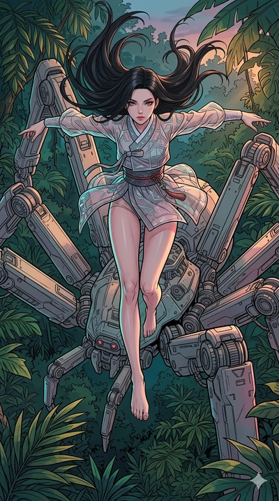 score_9, masterpiece, best quality, ultra-detailed, high-budget anime movie keyframe, cinematic anime lighting, intricate line art, Korean anime girl. Extreme high angle shot as she leaps towards the camera, filling the frame. piloting a giant mechan
