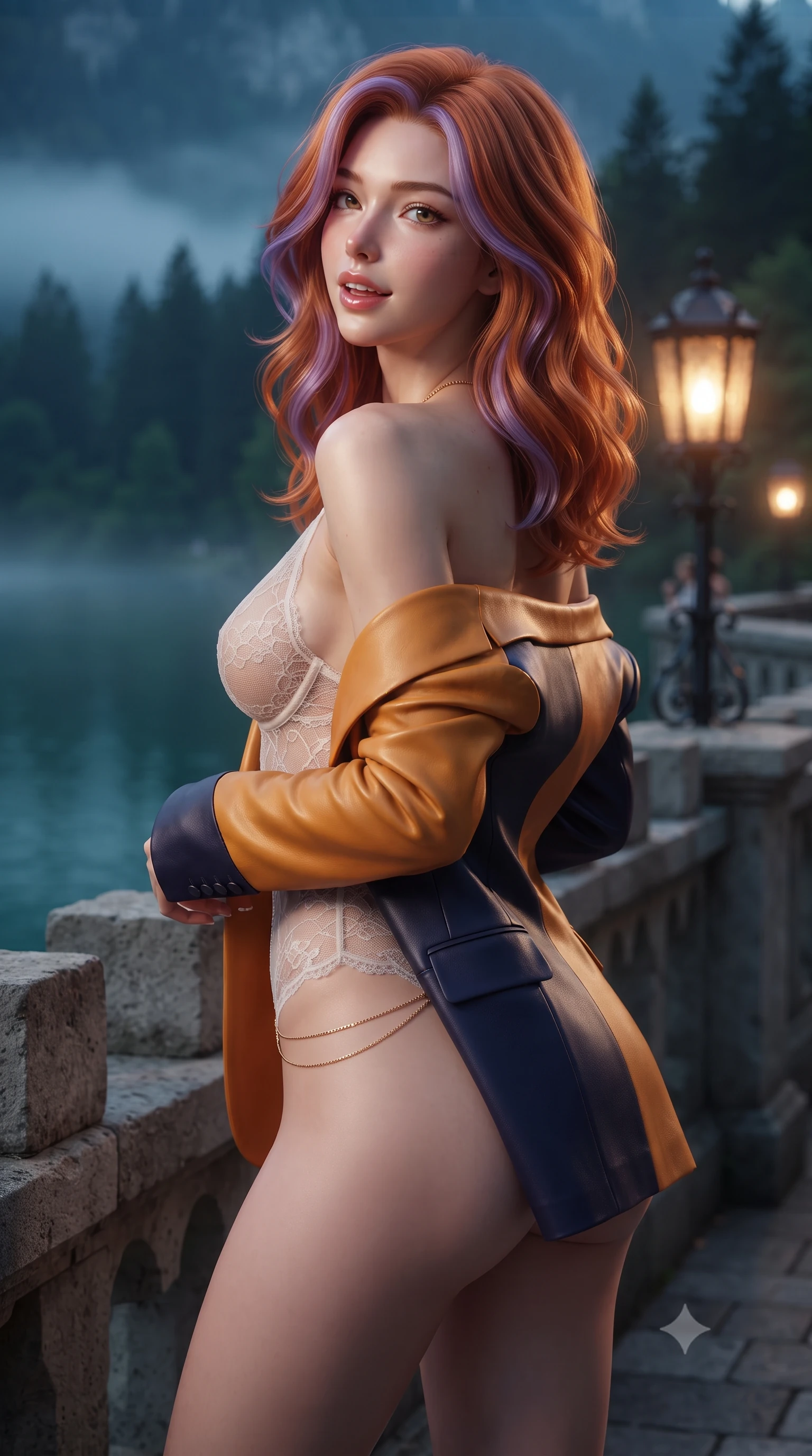 score_9, masterpiece, best quality, ultra-detailed, high-budget anime keyframe, editorial fashion photography, tasteful artistic composition, Caucasian woman. close-up cowboy shot from the waist and thighs up, the character dominates the composition, filling the frame with her large presence. posing in an alluring rear three-quarter angle, looking over a bare shoulder with parted glossy lips, her hips cocked back to highlight her slim hourglass curve while standing poised on the castellated stone balcony overlooking the misty emerald waters of the Alpsee lake and dark pine forests, arching her lower back with regal high-fashion ease. The background shows a soft-focus antique wrought-iron lantern glow softened in romantic 19th-century castle shallow focus. She has an exceptionally elegant, slender, and willowy female figure with an ultra-slim waist, flat toned midriff, narrow ribcage, and sculpted feminine hips creating an alluring, slim hourglass silhouette without bulk. sharp v-shaped jawline, high-bridge nose, intricate jewel-like sparkling eyes with depth, thick eyelashes, glossy parted lips with a natural peach sheen, bright cheerful beaming smile with an enchanting and coquettish sensual glint, exuding both youthful cute charm and seductive allure, flawlessly proportioned anatomical accuracy, strict slender model proportions, natural body alignment, perfectly sculpted long slender limbs, ultra-slim waistline, clean dynamic posture without body distortion. wearing a delicate sheer French Chantilly lace teddy layered under an open tailored tuxedo blazer draped over bare shoulders in Seville orange blossom gold and midnight moorish indigo, woven from buttery-soft stretch lambskin leather adhering to her body like a second skin, accented with a dainty gold belly chain resting across her flat midriff and curving hips, the bespoke structured tailoring following the natural line of her 8.5-heads silhouette with refined elegance. illuminated by stone terrace bounce and sharp platinum-gold rim lights sculpting her jawline, narrow waist, and curvy hips. ultra-reflective glossy finish, specular highlights, rich textural contrasts, high-contrast stereoscopic depth, volumetric dynamic lighting, 2k, ultra detail, master piece, 9:16 ratio