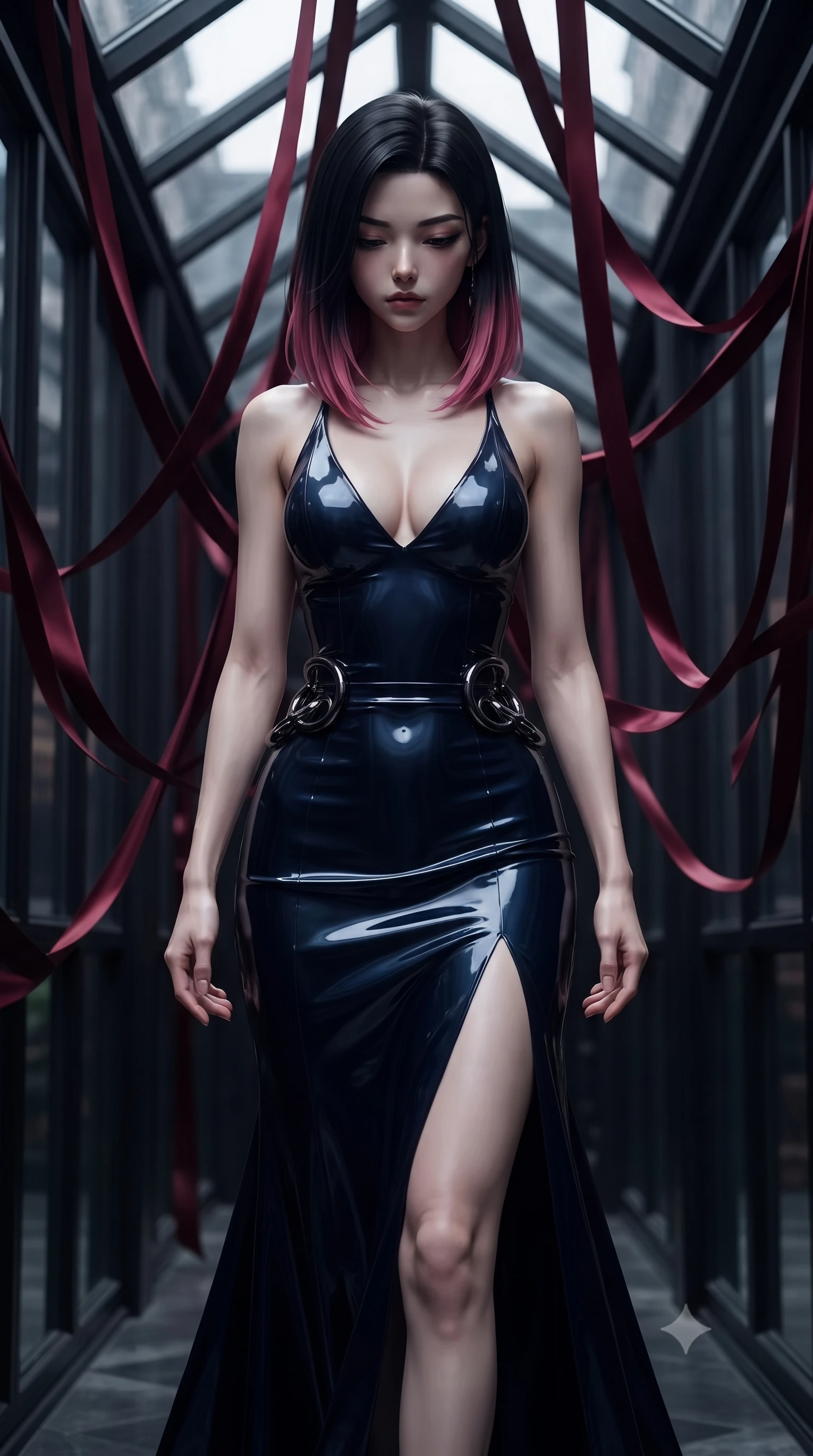 score_9, masterpiece, best quality, ultra-detailed, high-budget anime keyframe, editorial fashion photography, tasteful artistic composition, Korean woman. close-up cowboy shot from the waist and thighs up, the character dominates the composition, filling the frame with her large presence, background elements kept in soft focus. Looking down with lowered lashes and a composed, powerful dark aura, walking down a glass corridor draped in heavy dark crimson silk ribbons, black iron architectural lattices framing her tall statuesque form. She has an exceptionally elegant, slender, and willowy female figure with an ultra-slim waist, a gracefully sculpted slender torso, and a refined silhouette. sharp v-shaped jawline, high-bridge nose, intricate jewel-like eyes with depth, thick eyelashes, glossy lips with a natural sheen. wearing low-cut gothic structured bodice gown with high leg slit in midnight navy blue, made of high-gloss liquid vinyl, accented with sculpted obsidian chrome rings at the waist, contouring every curve with an exceptionally elegant silhouette. surrounded by dramatic chiaroscuro with sharp edge highlights on silk. ultra-reflective glossy finish, specular highlights, metallic sheen, high-contrast stereoscopic depth, volumetric dynamic lighting, 2k, ultra detail, master piece, 9:16 ratio
