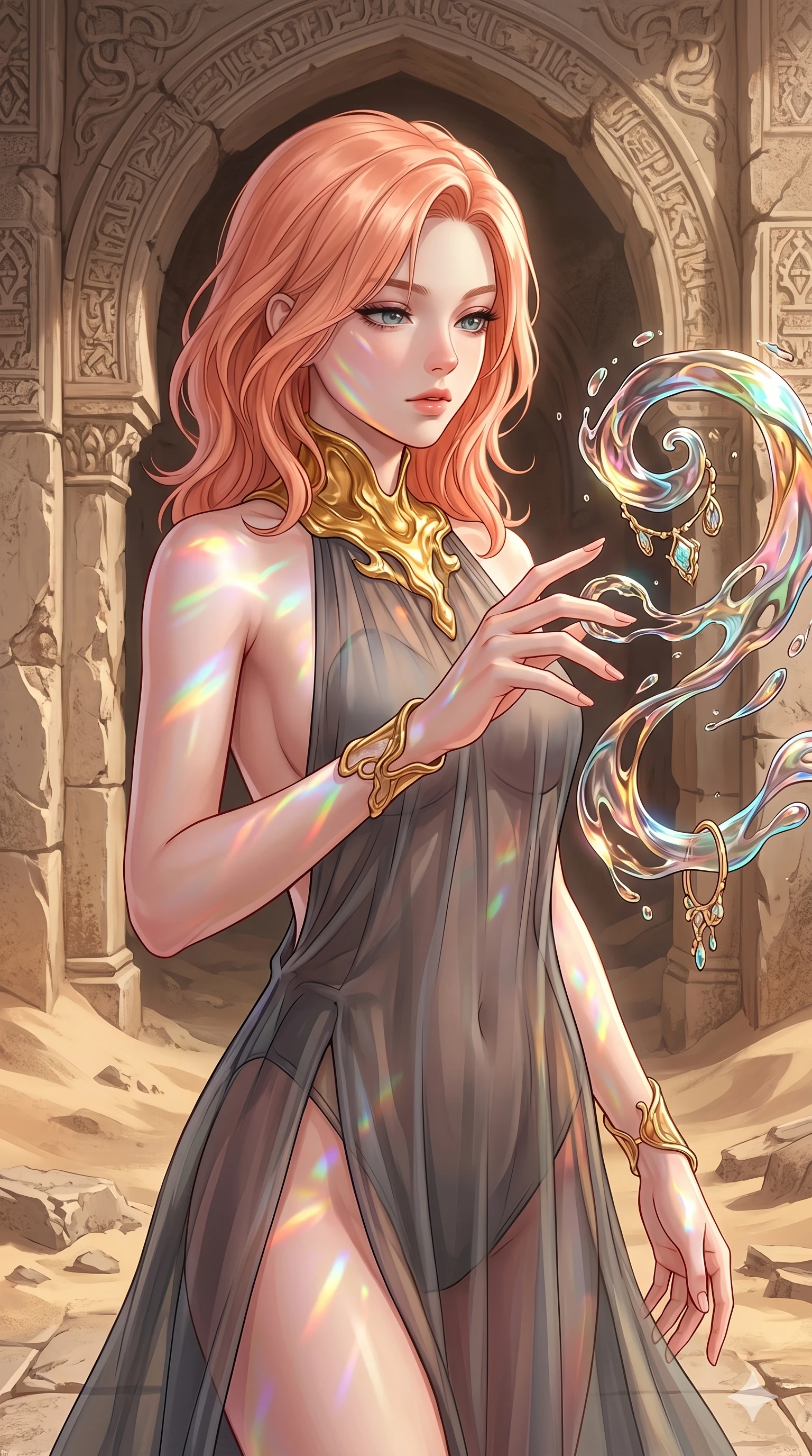 score_9, masterpiece, best quality, ultra-detailed, high-budget anime keyframe, Japanese woman. upper body close-up from the thighs up, character filling the screen for maximum presence. interacting with liquid stained-glass that melts and swirls in mid-air inside a crumbling desert ruin, the fluid jewelry floating in suspension. She has an absolutely perfect 8-heads proportion, an exceptionally tall and slender female figure with impossibly long slender legs and an ultra-slim waist. V-shaped jawline, high-bridge nose, intricate jewel-like eyes with depth, thick eyelashes, glossy lips with a natural sheen.. wearing a molten gold and chiffon gown, featuring organic liquid gold collar and cuffs on a translucent charcoal-gray halter neck chiffon gown with a deep backless design. enhanced by a luminous pastel spectrum glow, casting elegant rim lights on her shoulders and jawline. 2k, ultra detail, master piece, 9:16 ratio