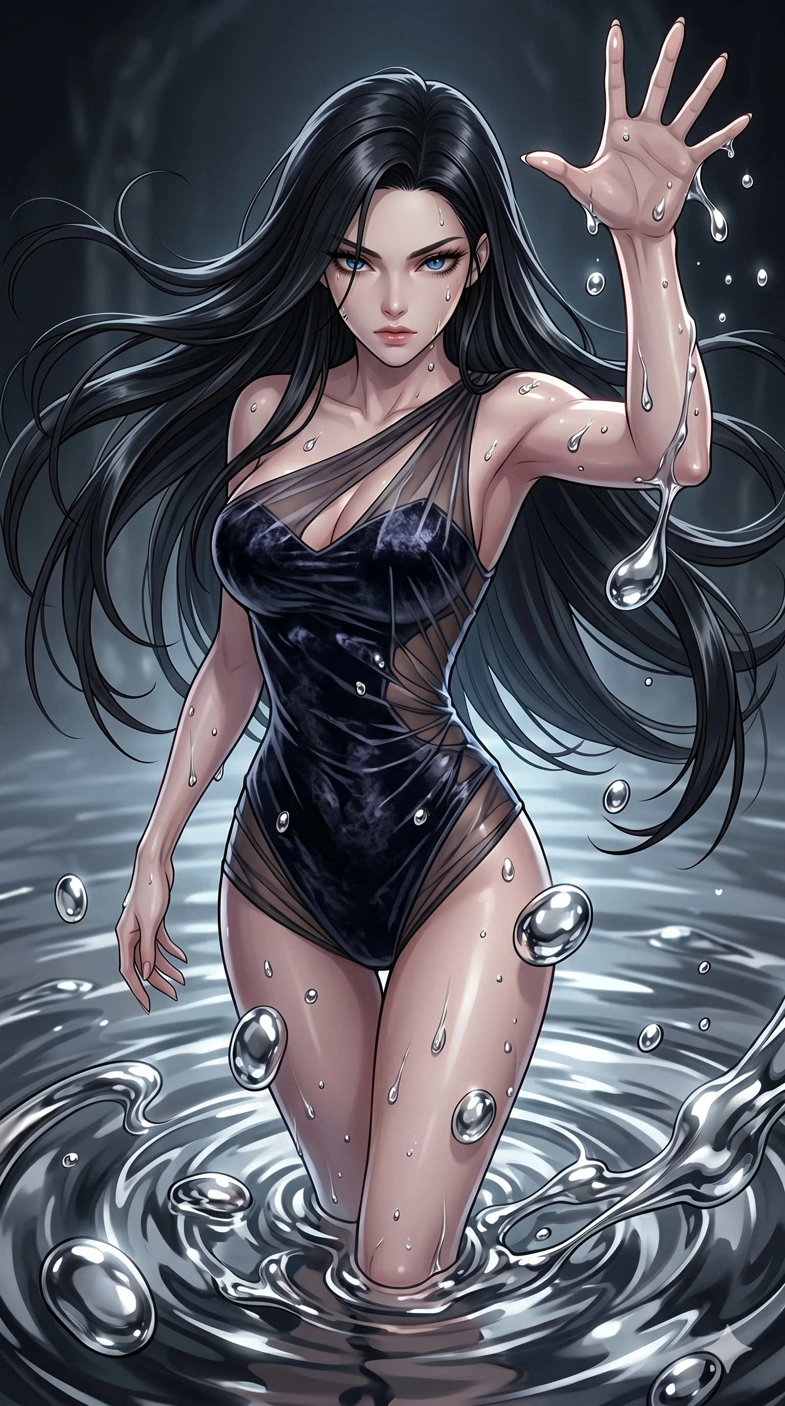 score_9, masterpiece, best quality, ultra-detailed, High-budget Anime Keyframe, East Asian woman. Dynamic full-body shot stretching the vertical silhouette to the limit. Scenario 124: Rising from a pool of mercury-like liquid, droplets rolling off her skin. Her presence is magnetic and overpowering in this high-budget anime scene. Outfit 124: A crushed dark velvet micro-mesh with a low-cut shoulder and translucent layers. The clothing is designed to emphasize her exceptionally tall and slender 8-heads proportion. 8-heads proportion, towering silhouette, ultra-slim waist. sharp v-shaped jawline, intricate jewel-like eyes with depth, thick eyelashes, glossy lips. 2k, ultra detail, master piece, 9:16 ratio