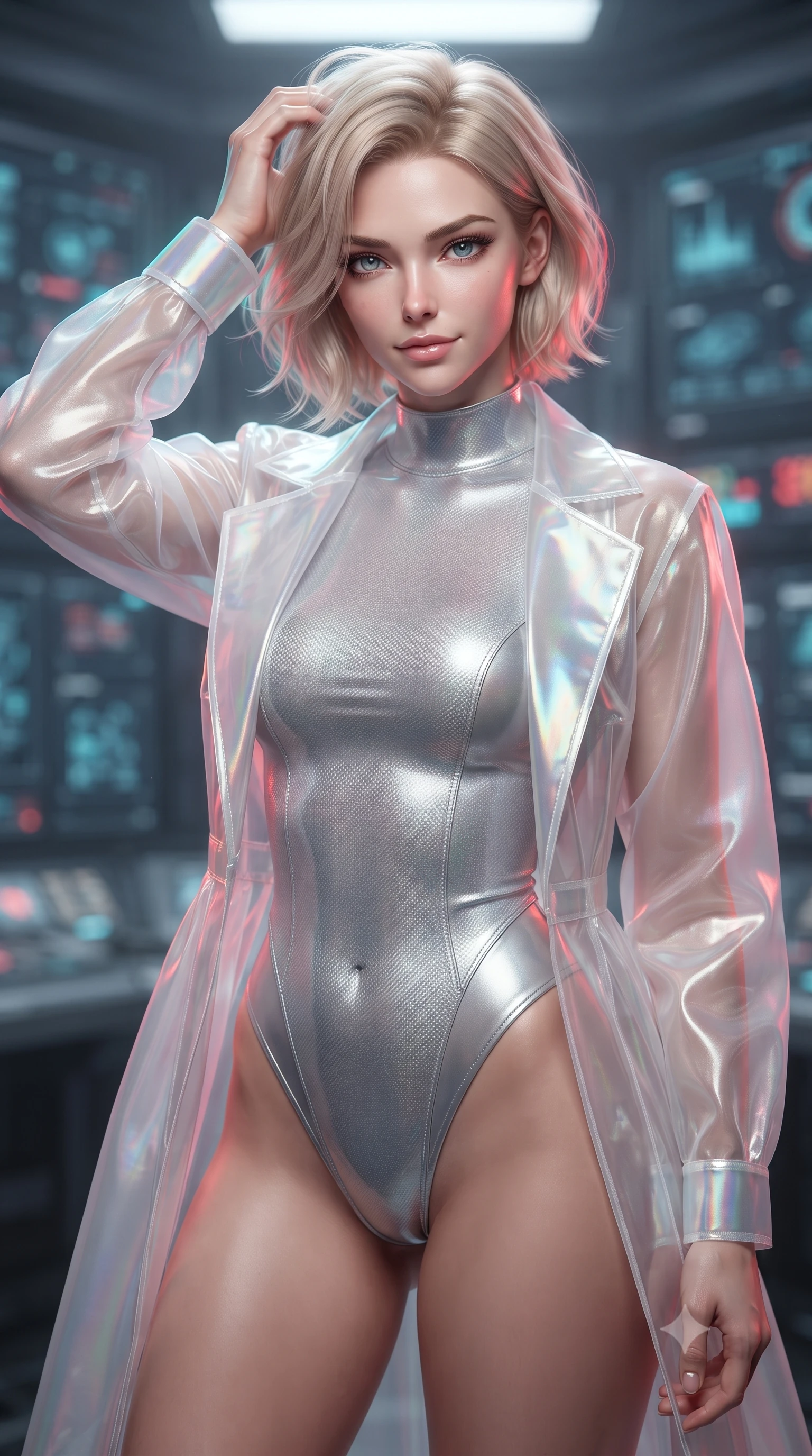 score_9, masterpiece, best quality, ultra-detailed, high-budget anime keyframe, editorial fashion photography, tasteful artistic composition, Caucasian woman. close-up cowboy shot from the waist and thighs up, the character dominates the composition, filling the frame with her large presence, background elements kept in soft focus. slowly running a hand through her hair, smiling with quiet, magnetic self-assurance directly into the camera, the background shows a soft-focus a communications bay filled with glowing data-shards and signal antennas. She has an exceptionally elegant, slender, and willowy female figure with an ultra-slim waist, a gracefully sculpted slender torso, and a refined silhouette. sharp v-shaped jawline, high-bridge nose, intricate jewel-like eyes with depth, thick eyelashes, glossy lips with a natural sheen. wearing a tailored sheer white holographic organza combat gown worn over a high-cut carbon-fiber leotard. pulsing red and cyan beacon lights casting subtle, colorful highlights on her profile. ultra-reflective glossy finish, specular highlights, metallic sheen, high-contrast stereoscopic depth, volumetric dynamic lighting, 2k, ultra detail, master piece, 9:16 ratio