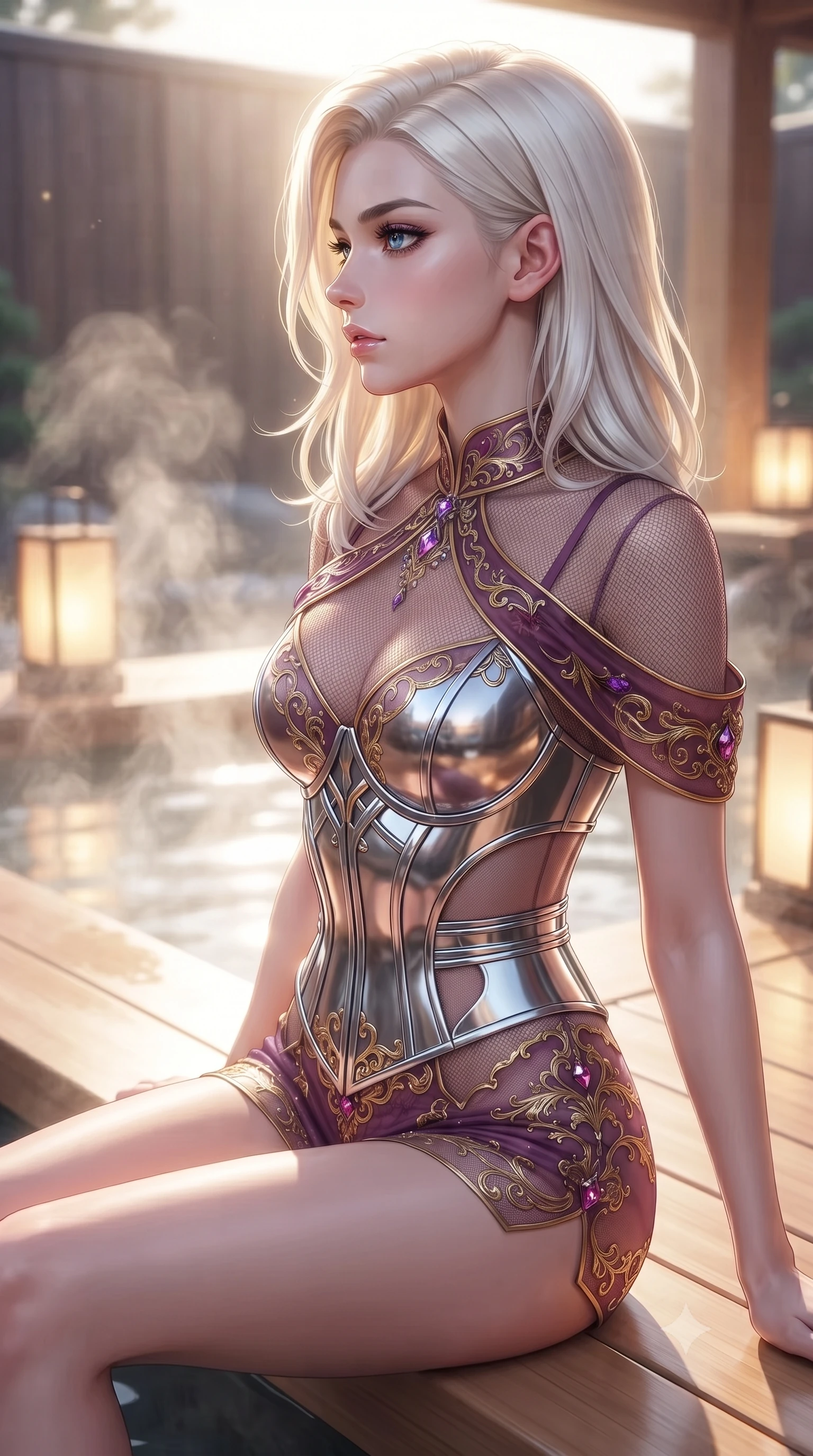 score_9, masterpiece, best quality, ultra-detailed, high-budget anime keyframe, editorial fashion photography, tasteful artistic composition, Caucasian woman. close-up cowboy shot from the waist and thighs up, the character dominates the composition, filling the frame with her large presence, background elements kept in soft focus. Turning her face in sharp dramatic profile against the bright light, showcasing her sharp v-shaped jawline sitting gracefully on a smooth hinoki wood platform beside a steaming outdoor thermal bath, swirling thermal steam clouds scattering soft golden lantern light. She has an exceptionally elegant, slender, and willowy female figure with an ultra-slim waist, a gracefully sculpted slender torso, and a refined silhouette. sharp v-shaped jawline, high-bridge nose, intricate jewel-like eyes with depth, thick eyelashes, glossy lips with a natural sheen. wearing a chrome-plated structured bodice worn over a sheer mesh top and micro-shorts in plum purple and gold filigree, crafted from smooth liquid silk, featuring clean architectural cutouts along her slender torso, the elegant draped fit framing her graceful clavicle and slender torso. surrounded by a tranquil, spa-like aura with soft specular highlights. highly saturated vibrant anime colors, detailed shading with soft gradients, rich glossy textures, high-contrast stereoscopic depth, volumetric dynamic lighting, master piece, 9:16 ratio