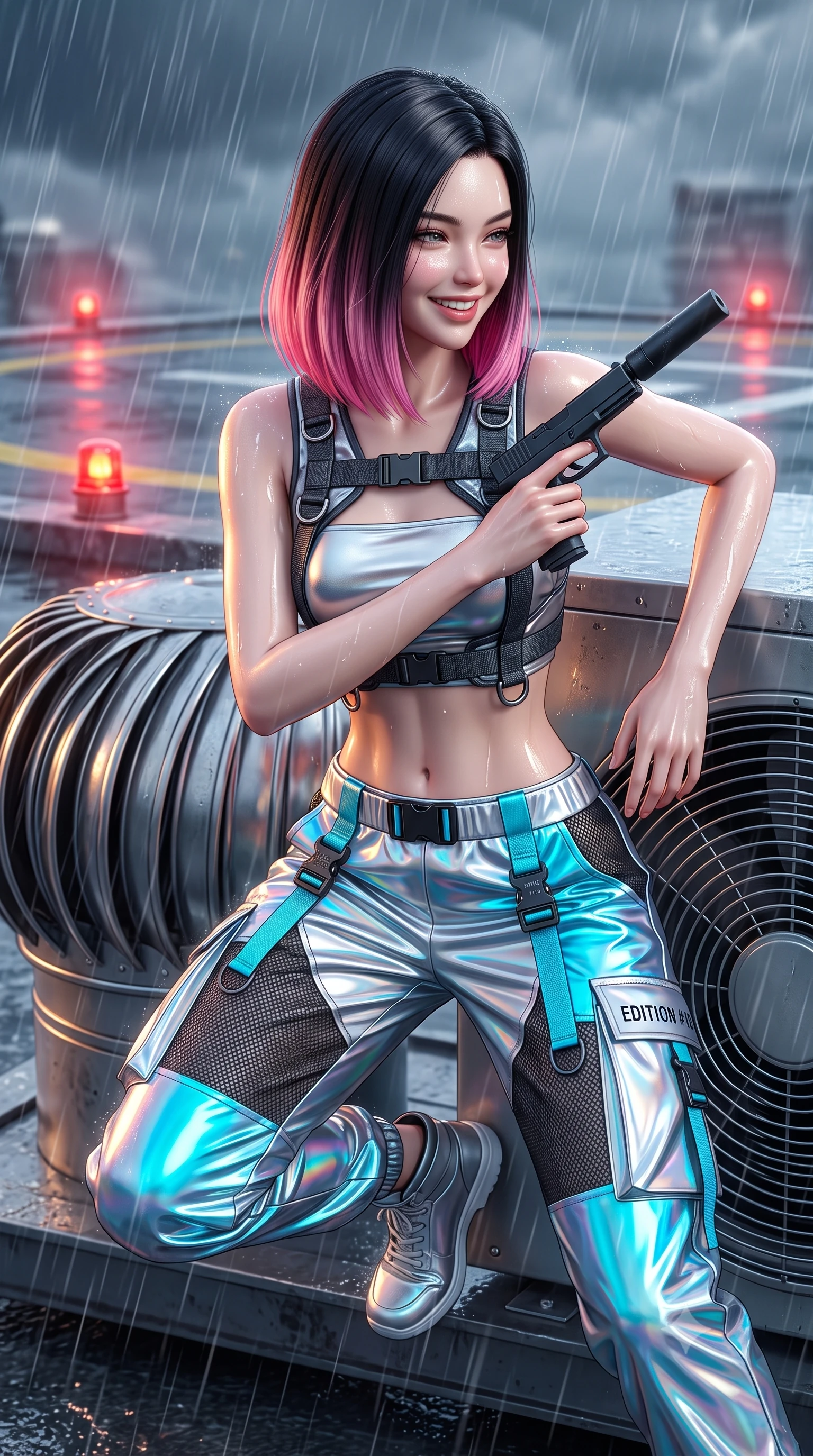 score_9, masterpiece, best quality, ultra-detailed, high-budget anime keyframe, semi-realistic 3D game render, editorial fashion photography, tasteful artistic composition, Korean woman. close-up cowboy shot from the waist and thighs up, the character dominates the composition, filling the frame with her large presence. laughing softly with genuine, enchanting warmth, eyes crinkling sweetly as specular highlights illuminate her cheeks while drawing her sleek silenced sidearm in a fluid tactical draw while crouching behind an air-conditioning turbine unit. The composition keeps background elements in soft focus with creamy bokeh. helipad perimeter warning beacons and swirling storm rain sheets softened in cinematic shallow focus. She has an exceptionally elegant, slender, and willowy female figure with an ultra-slim waist, a gracefully sculpted slender torso, toned flat midriff, and a refined slim silhouette. sharp v-shaped jawline, high-bridge nose, intricate jewel-like eyes with depth, thick eyelashes, glossy lips with a natural sheen, captivating and magnetic expression, flawlessly proportioned anatomical accuracy, strict slender model proportions, natural body alignment, perfectly sculpted long slender limbs, ultra-slim waistline, clean dynamic posture without body distortion. wearing a futuristic cropped tech-harness vest worn over a silver reflective tube top and high-rise metallic parachute cargo pants in holographic silver and electric cyan, crafted from high-gloss metallic ripstop nylon and flexible carbon mesh, detailed with heavy-duty chrome quick-release buckles and D-ring straps edition #19, the liquid-tight tailored fabric emphasizing every curve of her tall, slender model proportions and sculptured silhouette during dynamic movement. illuminated by wet specular highlights tracing her sculpted flat midriff, waistline, and long legs. highly saturated vibrant anime colors, detailed shading with soft gradients, rich glossy textures, high-contrast stereoscopic depth, volumetric dynamic lighting, master piece, 9:16 ratio