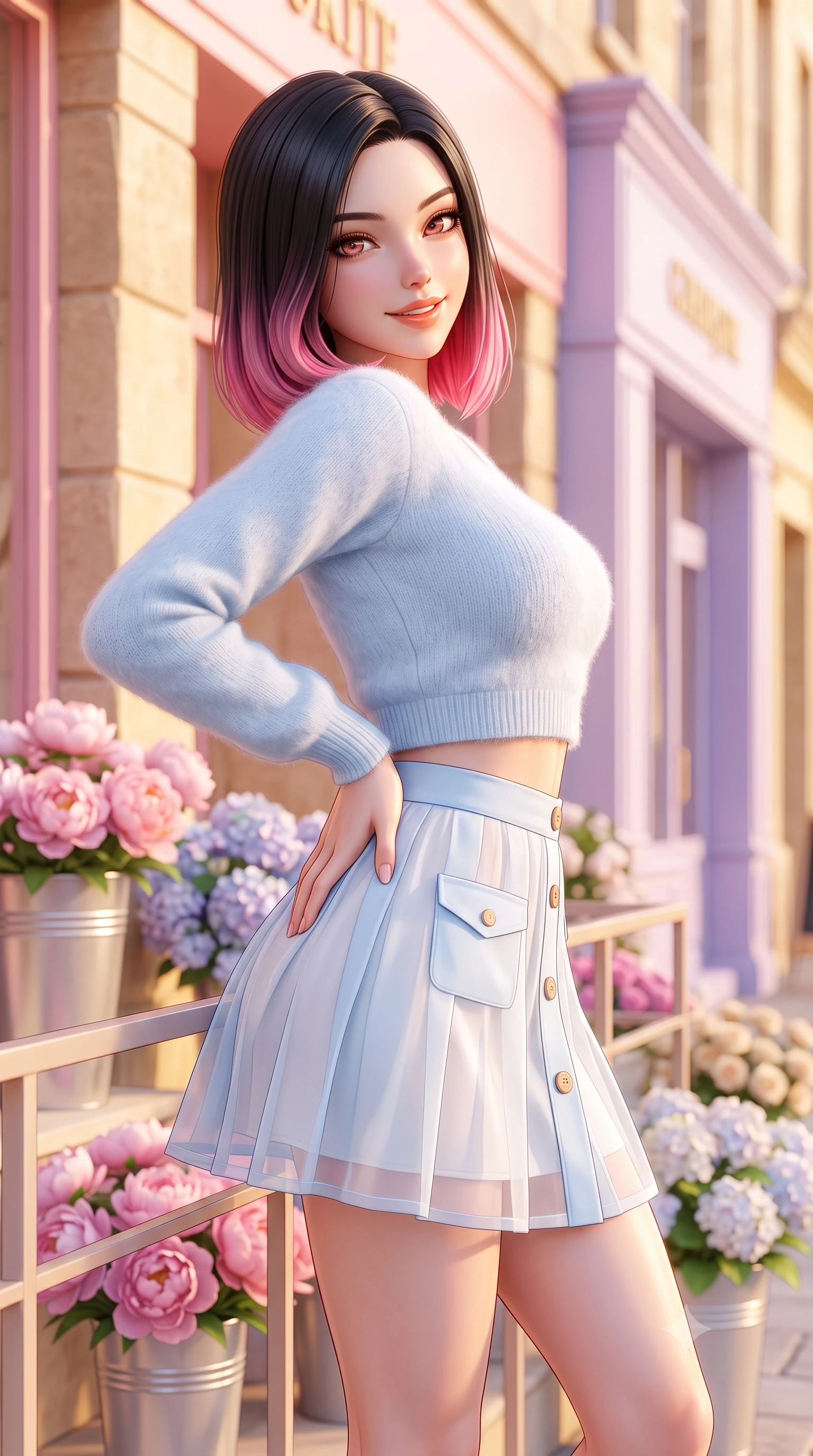score_9, masterpiece, best quality, ultra-detailed, high-budget anime keyframe, semi-realistic 3D game render, editorial fashion photography, tasteful artistic composition, Korean woman. close-up cowboy shot from the waist and thighs up, the character dominates the composition, filling the frame with her large presence. tilting her head with a cute beaming smile while arching her spine with effortless dancer poise, one hand sliding along her hip line in a flirtatious S-curve while leaning against the minimalist boutique railing with hips cocked back, looking over a bare shoulder with a playful, seductive glint in her eyes. The composition keeps background elements in soft focus with dreamy creamy bokeh. vibrant peony and hydrangea flower buckets and chic designer storefronts blurred into pastel pink, lavender, and champagne bokeh. She has an exceptionally elegant, slender, and willowy female figure with an ultra-slim waist, flat toned midriff, narrow ribcage, and sculpted feminine hips creating an alluring, slim hourglass silhouette without bulk. sharp v-shaped jawline, high-bridge nose, intricate jewel-like sparkling eyes with depth, thick eyelashes, glossy parted lips with a natural peach sheen, bright cheerful beaming smile with an enchanting and coquettish sensual glint, exuding both youthful cute charm and seductive allure, flawlessly proportioned anatomical accuracy, strict slender model proportions, natural body alignment, perfectly sculpted long slender limbs, ultra-slim waistline, clean dynamic posture without body distortion. wearing a soft angora crop knit sweater with a sheer pleated organza mini skirt over an opaque silk slip in soft baby blue and crisp cloud white, tailored from crisp cotton poplin with clean structural lines, finished with neat front wooden buttons and delicate pocket details, the high-waisted tailoring accentuating her ultra-slim waistline and the enchanting curve of her feminine hips with alluring charm. bathed in glorious golden hour afternoon sunlight reflecting off warm stone facades. highly saturated vibrant anime colors, detailed shading with soft gradients, rich glossy textures, high-contrast stereoscopic depth, volumetric dynamic lighting, master piece, 9:16 ratio