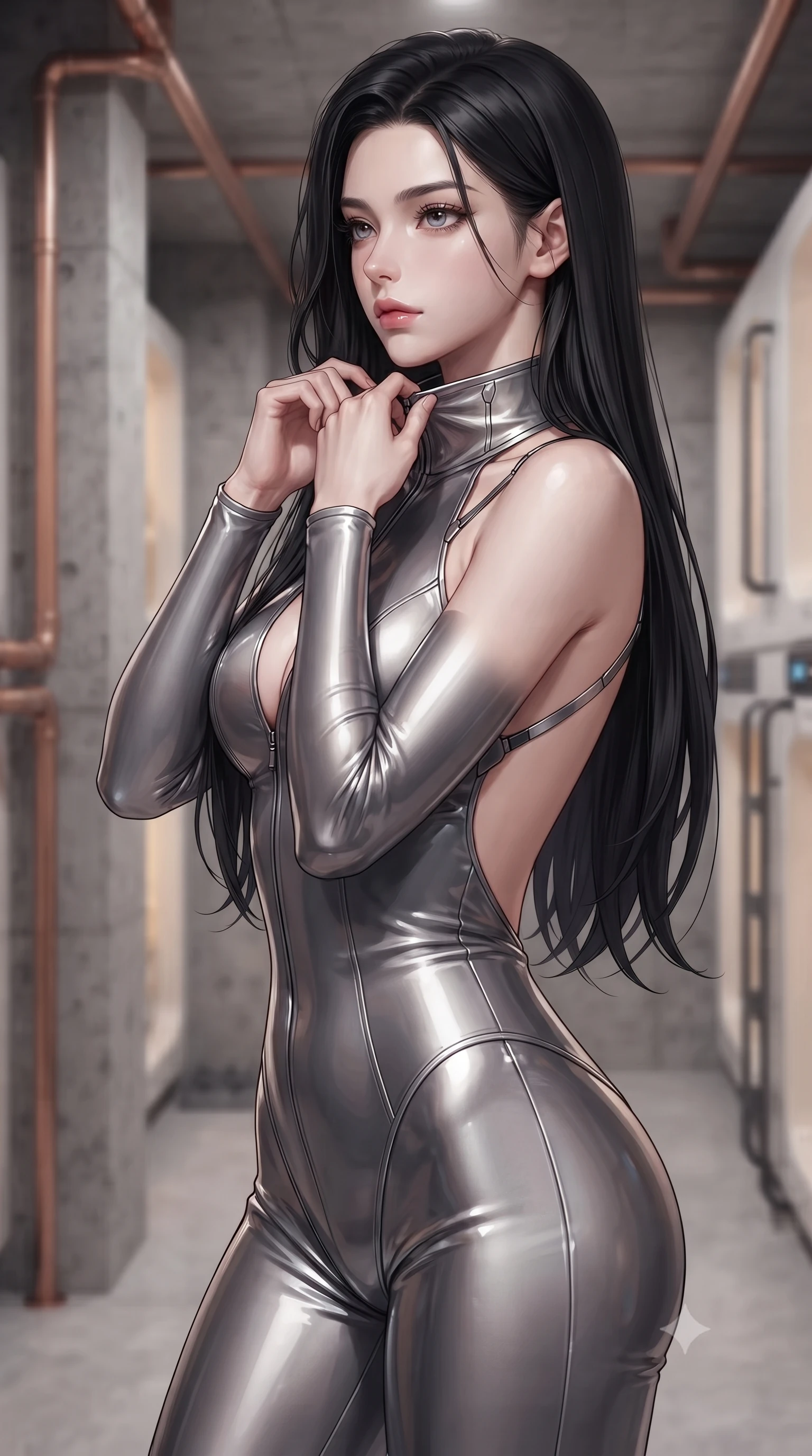 score_9, masterpiece, best quality, ultra-detailed, high-budget anime keyframe, editorial fashion photography, tasteful artistic composition, Korean woman. close-up cowboy shot from the waist and thighs up, the character dominates the composition, filling the frame with her large presence, background elements kept in soft focus. adjusting the high collar of her body-hugging suit, looking past the camera with quiet, sharp focus and a composed expression, the background shows a soft-focus a capsule hotel corridor with concrete pillars and exposed copper pipes. She has an exceptionally elegant, slender, and willowy female figure with an ultra-slim waist, a gracefully sculpted slender torso, and a refined silhouette. sharp v-shaped jawline, high-bridge nose, intricate jewel-like eyes with depth, thick eyelashes, glossy lips with a natural sheen. wearing a tailored low-cut cybernetic bodysuit with open-back design and thin structural straps crossing her bare shoulder blades. focused white spotlights casting sharp, detailed shadows across her build. ultra-reflective glossy finish, specular highlights, metallic sheen, high-contrast stereoscopic depth, volumetric dynamic lighting, 2k, ultra detail, master piece, 9:16 ratio