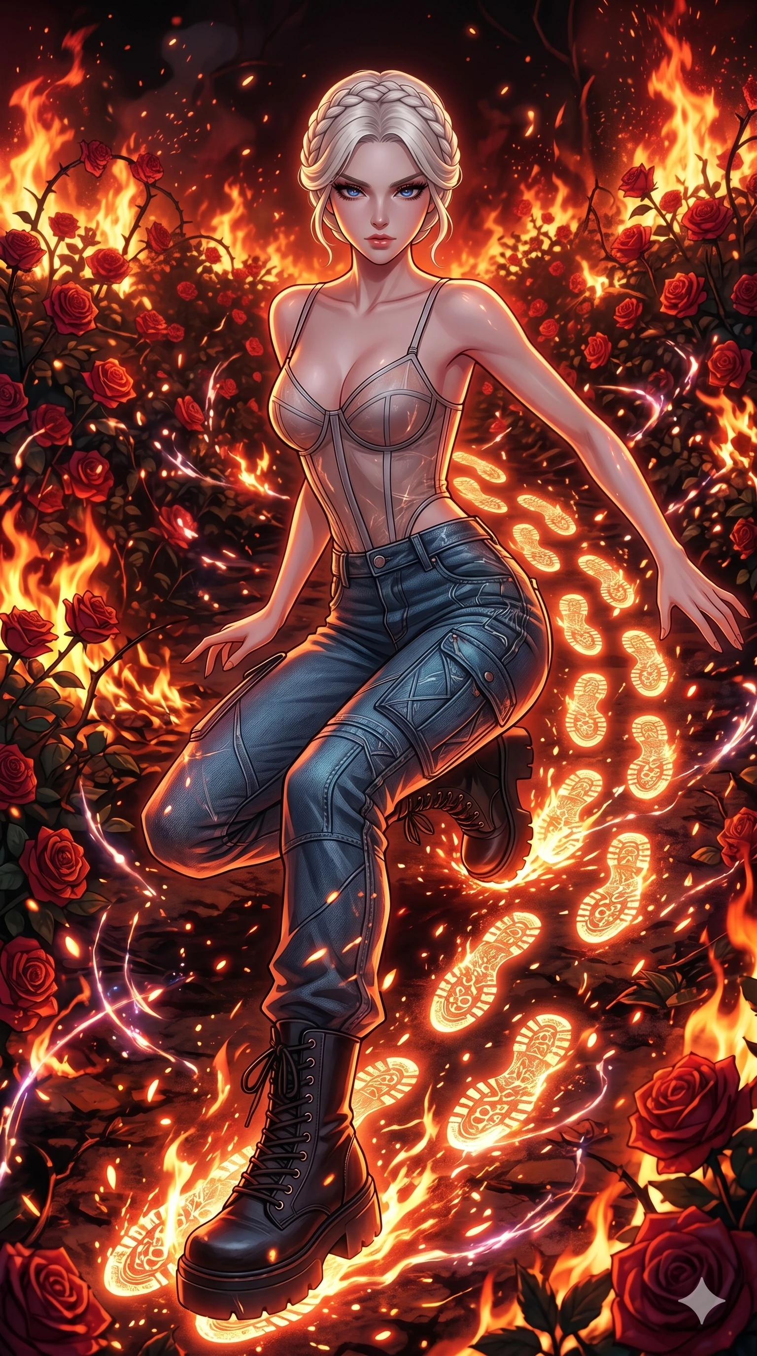 score_9, masterpiece, best quality, ultra-detailed, Set A: High-budget Anime Keyframe, Korean woman. Upper body close-up from the thighs up, character filling the screen for maximum presence. Sliding through a burning rose garden, as she leaves a trail of 238 glowing footprints and surrounded by glowing energy sparks. She has an absolutely perfect 8-heads proportion, an exceptionally tall and slender female figure with impossibly long slender legs and an ultra-slim waist. Sharp v-shaped jawline, high-bridge nose, intricate jewel-like eyes with depth, thick eyelashes, glossy lips with a natural sheen. Wearing Sheer corset top with high-waist tech-denim and heavy platform combat boots. Cinematic lighting, vibrant colors, dramatic shadows, 2k, ultra detail, master piece, 9:16 ratio