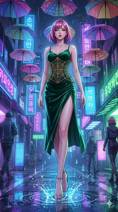 score_9, masterpiece, best quality, ultra-detailed, high-budget anime keyframe, Korean woman. low angle full-body shot filling the entire 9:16 frame with her statuesque presence, stretching the vertical silhouette. navigating a wet neon-lit future st