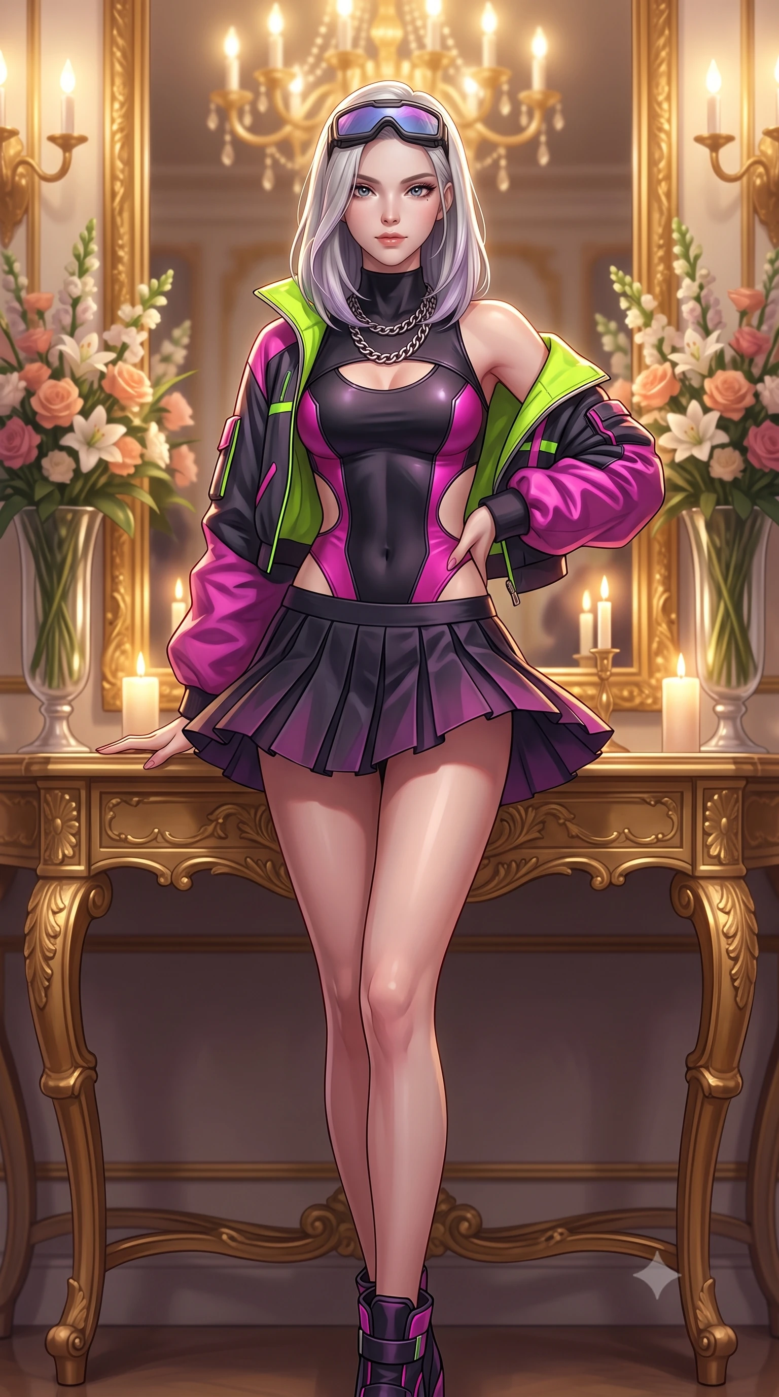 score_9, masterpiece, best quality, ultra-detailed, high-budget anime keyframe, semi-realistic 3D game render, editorial fashion photography, tasteful artistic composition, Caucasian woman. low angle full-body shot from head to toe showing her feet, filling the entire 9:16 vertical frame with her statuesque presence, stretching her vertical silhouette. executing an elegant mid-motion spin with effortless grace, her garments fluttering softly around her ultra-slim waistline while resting against a gilded mirror console table with an aloof, captivating socialite smile. The composition keeps background elements in soft focus with creamy bokeh. gilded mirror reflections and towering floral centerpieces softened in glamorous shallow focus. She has an absolutely perfect, statuesque 8.5-heads proportion, an exceptionally tall and slender model-like female figure with impossibly long slender legs, a toned flat midriff, and an ultra-slim waist. sharp v-shaped jawline, high-bridge nose, intricate jewel-like eyes with depth, thick eyelashes, glossy lips with a natural sheen, captivating and magnetic expression, flawlessly proportioned anatomical accuracy, strict slender model proportions, natural body alignment, perfectly sculpted long slender limbs, ultra-slim waistline, clean dynamic posture without body distortion. wearing a daring cutout cyberpunk bodysuit paired with an oversized neon-accented bomber jacket and pleated micro-skirt in matte black and vivid magenta, tailored from second-skin aerodynamic stretch vinyl and insulated satin, accessorized with a chunky silver chain necklace and cyber-visor goggles resting on her brow, the breezy yet form-flattering drape swaying gracefully with her steps, accentuating her long willowy limbs and slim waistline. bathed in warm glowing candlelight and radiant gold chandelier downlights. highly saturated vibrant anime colors, detailed shading with soft gradients, rich glossy textures, high-contrast stereoscopic depth, volumetric dynamic lighting, master piece, 9:16 ratio
