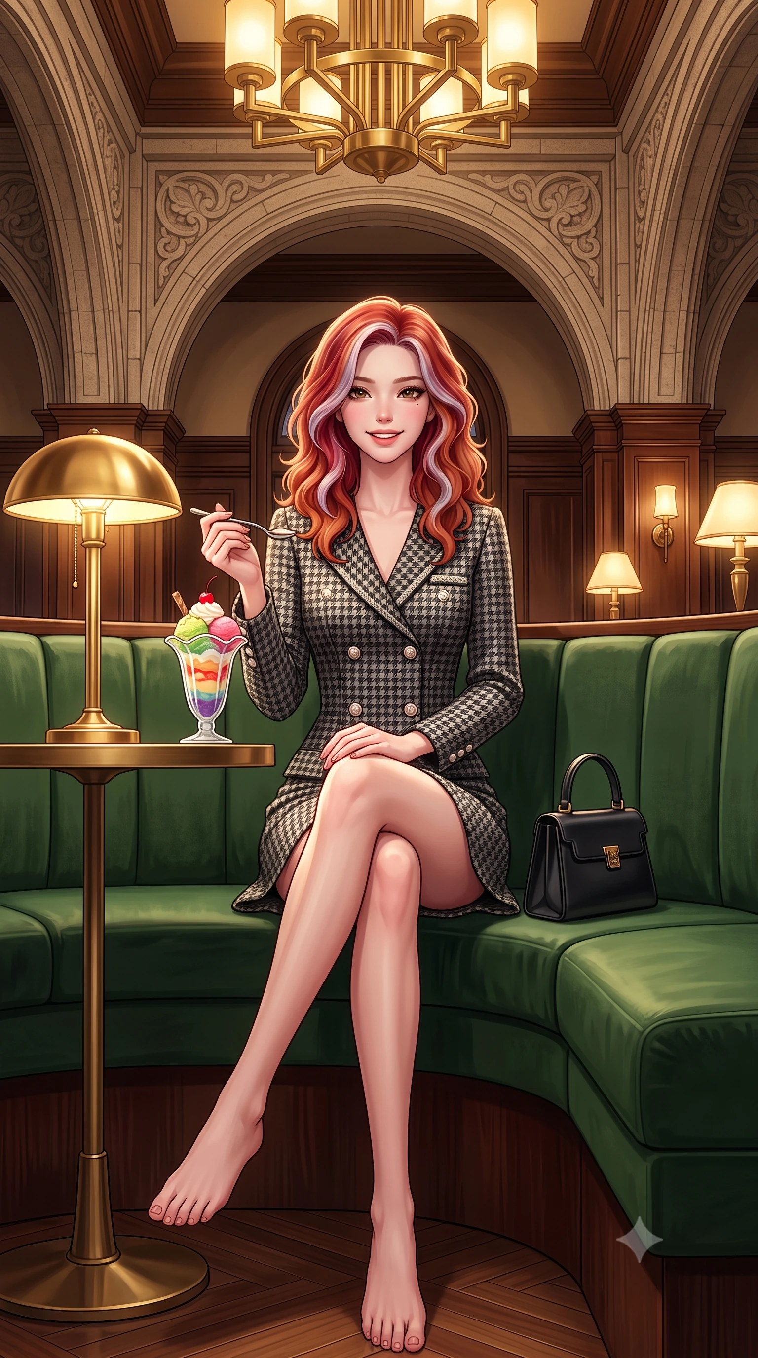 score_9, masterpiece, best quality, ultra-detailed, high-budget anime keyframe, semi-realistic 3D game render, editorial fashion photography, tasteful artistic composition, Caucasian woman. low angle full-body shot from head to toe showing her feet, filling the entire 9:16 vertical frame with her statuesque presence, stretching her vertical silhouette. sitting gracefully on the carved stone bench with legs crossed at the ankles, hands resting gently in her lap with noble poise while sitting poised in a curved forest green velvet booth beside a polished brass lamp, smiling cheerfully over a vintage parfait glass. The surrounding environment is rendered in vivid detail and crisp panoramic clarity: detailed embroidered wool blazer lapels, tailored cigarette trousers, and Taisho-modernist architectural craftsmanship in razor-sharp precision. She has an exceptionally tall and slender model-like 8.5-heads proportion, an ultra-slim waist, a flat toned midriff, narrow delicate ribcage, and beautifully sculpted feminine hips creating a graceful, slim hourglass silhouette without any bulky heaviness, with impossibly long slender legs. sharp v-shaped jawline, high-bridge nose, intricate jewel-like sparkling eyes with depth, thick eyelashes, glossy parted lips with a natural peach sheen, bright cheerful beaming smile with an enchanting and coquettish sensual glint, exuding both youthful cute charm and seductive allure, flawlessly proportioned anatomical accuracy, strict slender model proportions, natural body alignment, perfectly sculpted long slender limbs, ultra-slim waistline, clean dynamic posture without body distortion. wearing a structured double-breasted tweed dress with notched lapels, long sleeves, and decorative mother-of-pearl buttons in classic Savile Row charcoal houndstooth and crisp ivory, tailored from heritage British Harris Tweed with rich multi-tonal yarn weave, finished with a structured leather top-handle mini bag resting gracefully at her side, the bespoke architectural tailoring hugging her natural waistline with sartorial precision, creating a clean graceful hourglass silhouette with tall model elegance. bathed in warm 2900K incandescent amber illumination from authentic Art Deco brass chandeliers and table lamps. highly saturated vibrant anime colors, detailed shading with soft gradients, rich glossy textures, high-contrast stereoscopic depth, volumetric dynamic lighting, master piece, 9:16 ratio