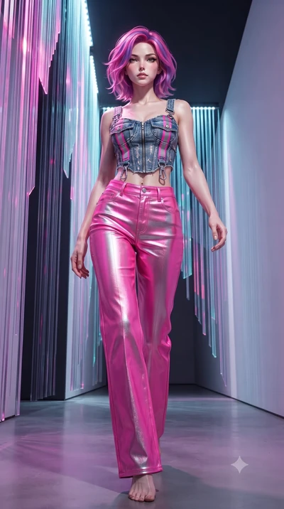 score_9, masterpiece, best quality, ultra-detailed, high-budget anime keyframe, editorial fashion photography, tasteful artistic composition, Caucasian woman. low angle full-body shot from head to toe showing her feet, filling the entire 9:16 vertica