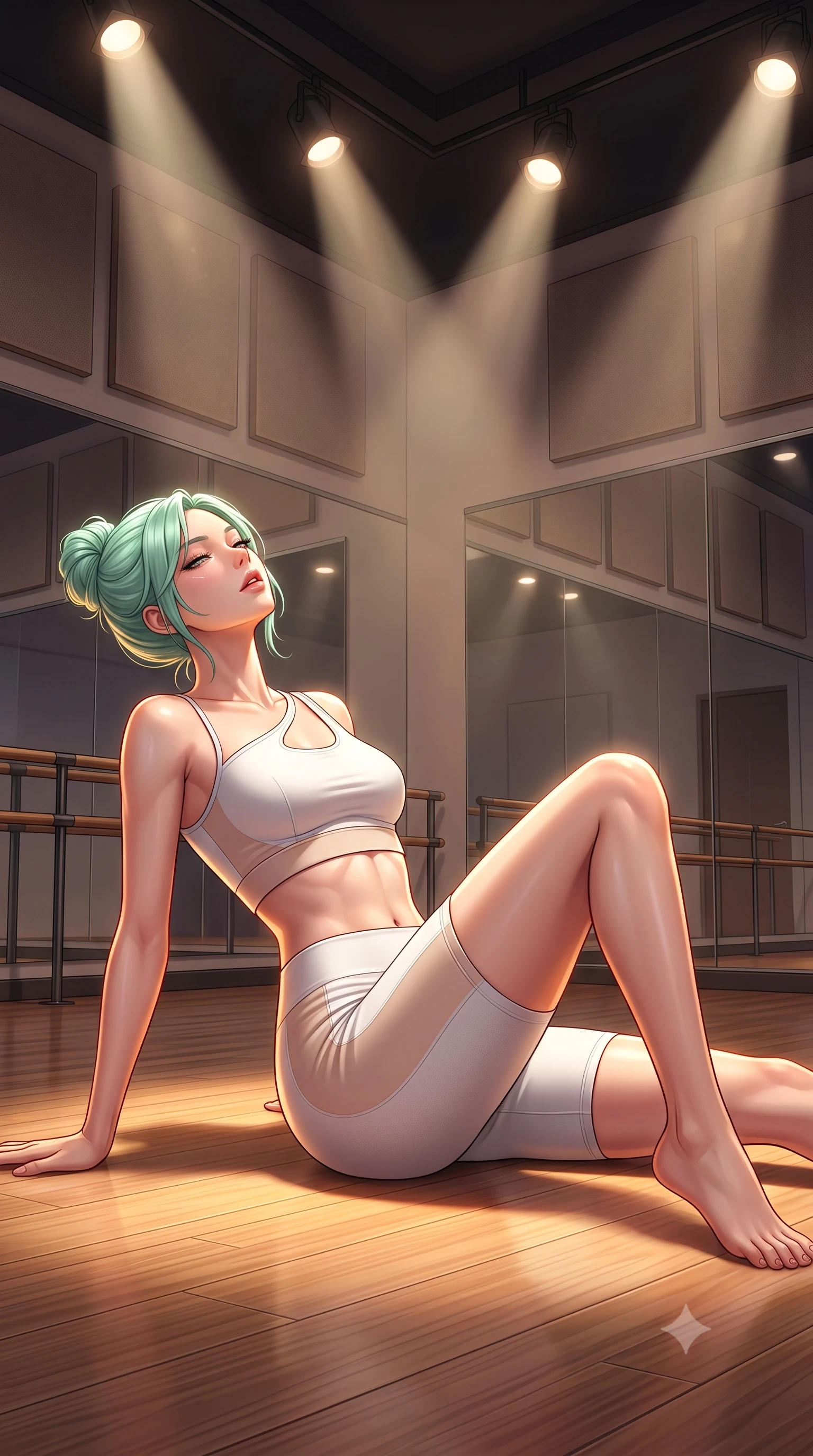 score_9, masterpiece, best quality, ultra-detailed, high-budget anime keyframe, semi-realistic 3D game render, editorial fashion photography, tasteful artistic composition, Japanese woman. low angle full-body shot from head to toe showing her feet, filling the entire 9:16 vertical frame with her statuesque presence, stretching her vertical silhouette. striding forward in a proud supermodel runway stride, hips swaying in an alluring kinetic rhythm that accentuates her curvy hourglass silhouette while reclining on the dance studio floor propped up on one hip, head tilted back in ecstasy with parted lips as warm spotlights trace her silhouette. The surrounding environment is rendered in vivid detail and crisp panoramic clarity. high-contrast sculptural dance chiaroscuro and contemporary athletic aesthetics captured with precision. She has an absolutely perfect, statuesque 8.5-heads proportion, an exceptionally tall and slender model-like female figure with impossibly long slender legs, a toned flat midriff, an ultra-slim waist, and beautifully sculpted feminine hips. sharp v-shaped jawline, high-bridge nose, intricate jewel-like eyes with depth, thick eyelashes, glossy parted lips with a natural sheen, intensely captivating and seductive bedroom-eyes expression, flawlessly proportioned anatomical accuracy, strict slender model proportions, natural body alignment, perfectly sculpted long slender limbs, ultra-slim waistline, clean dynamic posture without body distortion. wearing a sporty asymmetrical crop tank paired with seamless contouring biker shorts in pristine chalk white and pale nude, made of seamless compression knit with anatomical body-contouring support, finished with a thin elastic waist band emphasizing her ultra-slim midriff, the glove-like aerodynamic silhouette tightly following the natural contour of her hips and long slender legs with statuesque precision. bathed in warm floor-level uplighting and dramatic overhead theatrical spotlights. highly saturated vibrant anime colors, detailed shading with soft gradients, rich glossy textures, high-contrast stereoscopic depth, volumetric dynamic lighting, master piece, 9:16 ratio