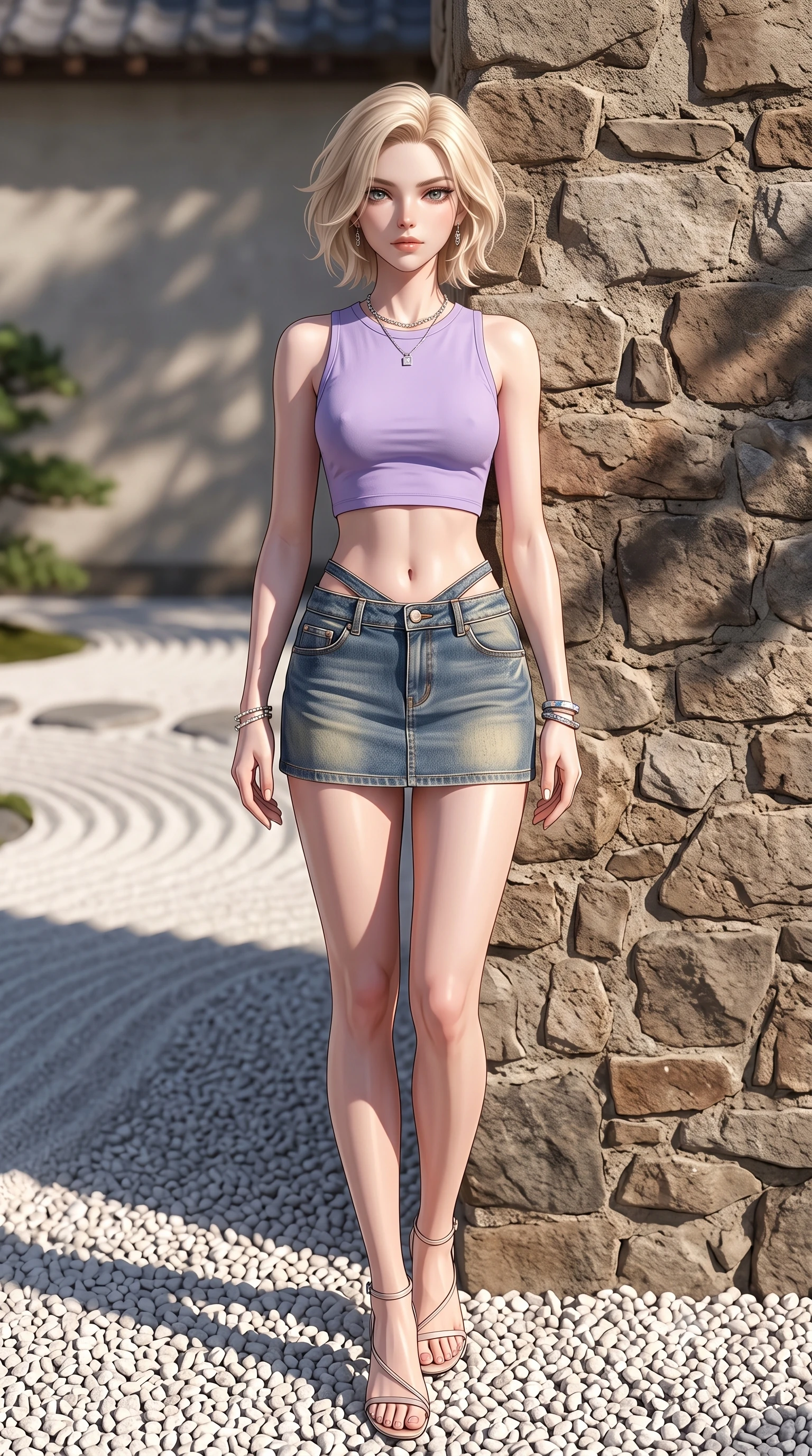 score_9, masterpiece, best quality, ultra-detailed, high-budget anime keyframe, editorial fashion photography, tasteful artistic composition, Caucasian woman. low angle full-body shot from head to toe showing her feet, filling the entire 9:16 vertical frame with her statuesque presence, stretching her vertical silhouette. leaning back against a rustic stone wall, casting a slow, alluring gaze at the camera the background shows a soft-focus a private garden bonsai deck with white gravel and raked sand. She has an absolutely perfect, statuesque 8.5-heads proportion, an exceptionally tall and slender model-like female figure with impossibly long slender legs and an ultra-slim waist. sharp v-shaped jawline, high-bridge nose, intricate jewel-like eyes with depth, thick eyelashes, glossy lips with a natural sheen. wearing a tailored modern crop top in lavender cotton paired with a low-rise denim skirt and a subtle waist cut-out. crisp morning sunlight casting sharp, clean shadows across the gravel. ultra-reflective glossy finish, specular highlights, metallic sheen, high-contrast stereoscopic depth, volumetric dynamic lighting, 2k, ultra detail, master piece, 9:16 ratio