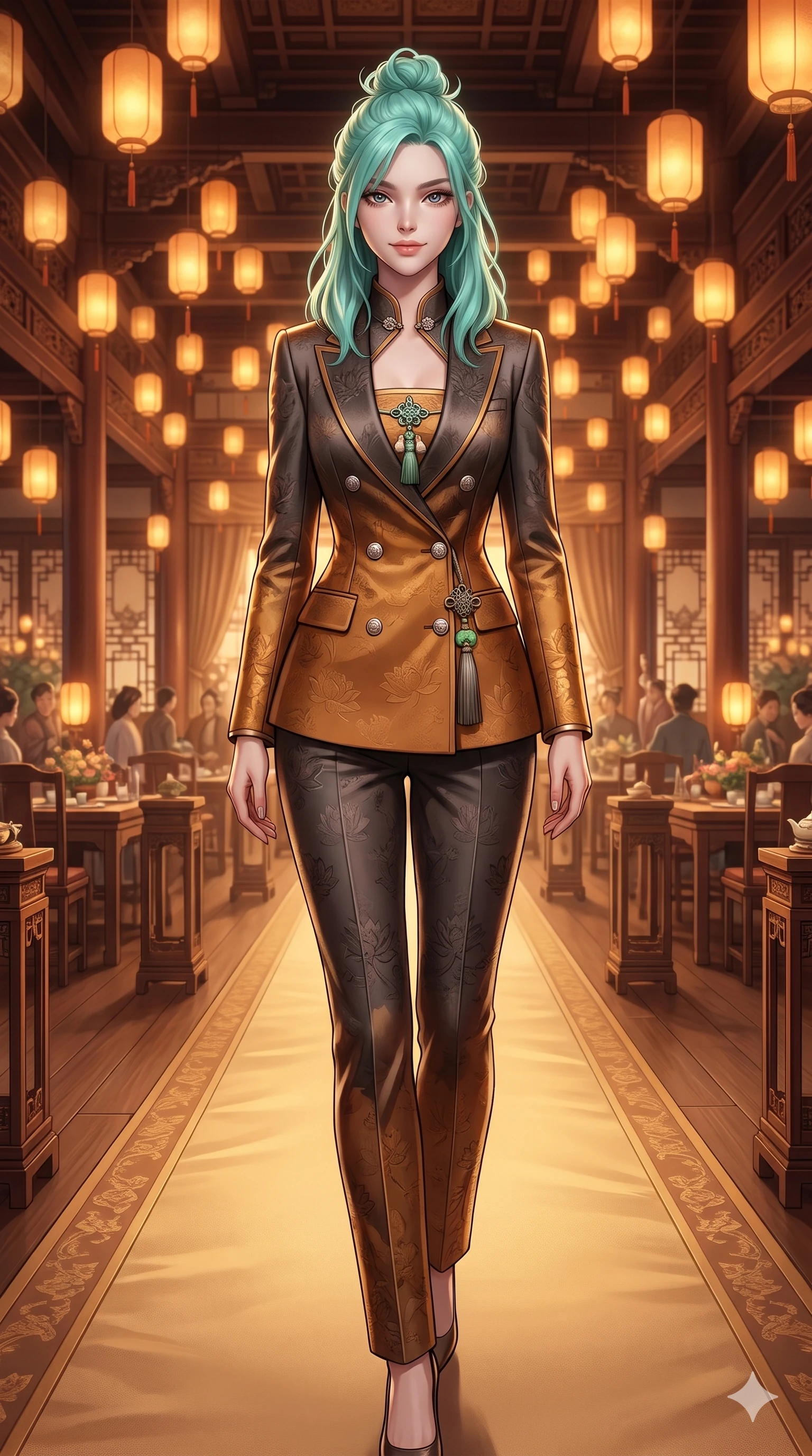 score_9, masterpiece, best quality, ultra-detailed, high-budget anime keyframe, semi-realistic 3D game render, editorial fashion photography, tasteful artistic composition, Japanese woman. close-up cowboy shot from the waist and thighs up, the character dominates the composition, filling the frame with her large presence. leaning forward while arching her lower back to accentuate her curvy hips, looking into the camera with an intoxicating smoldering gaze and bedroom-eyes while striding gracefully down the central silk runner with sovereign feline poise, her long slender legs and curvy hips commanding the imperial palace. The surrounding environment is rendered in vivid detail and crisp panoramic clarity: detailed modern strapless hanbok bustier tailoring, norigae tassel knotting, and imperial palace architecture in razor-sharp precision. She has an exceptionally elegant, slender, and willowy female figure with an ultra-slim waist, flat toned midriff, narrow ribcage, and sculpted feminine hips creating an alluring, slim hourglass silhouette without bulk. sharp v-shaped jawline, high-bridge nose, sparkling eyes with hypnotic seductive depth, thick curled eyelashes, glossy parted lips with a natural dewy peach sheen, alluring bedroom-eyes with an enchanting coquettish smile, exuding magnetic siren charisma and sophisticated glamour, flawlessly proportioned anatomical accuracy, strict slender model proportions, natural body alignment, perfectly sculpted long slender limbs, ultra-slim waistline, clean dynamic posture without body distortion. wearing a tailored double-breasted silk brocade pantsuit with mandarin collar and mother-of-pearl dragon crest buttons in smoked agarwood charcoal and warm honey amber, tailored from rich silk jacquard with subtle embossed lotus blossom patterns, finished with authentic carved jade pendants and traditional norigae knots, the bespoke structured tailoring following the natural line of her 8.5-heads silhouette with refined elegance. bathed in the warm, glorious amber glow of hundreds of floating silk lanterns casting flattering dimensional illumination. highly saturated vibrant anime colors, detailed shading with soft gradients, rich glossy textures, high-contrast stereoscopic depth, volumetric dynamic lighting, master piece, 9:16 ratio